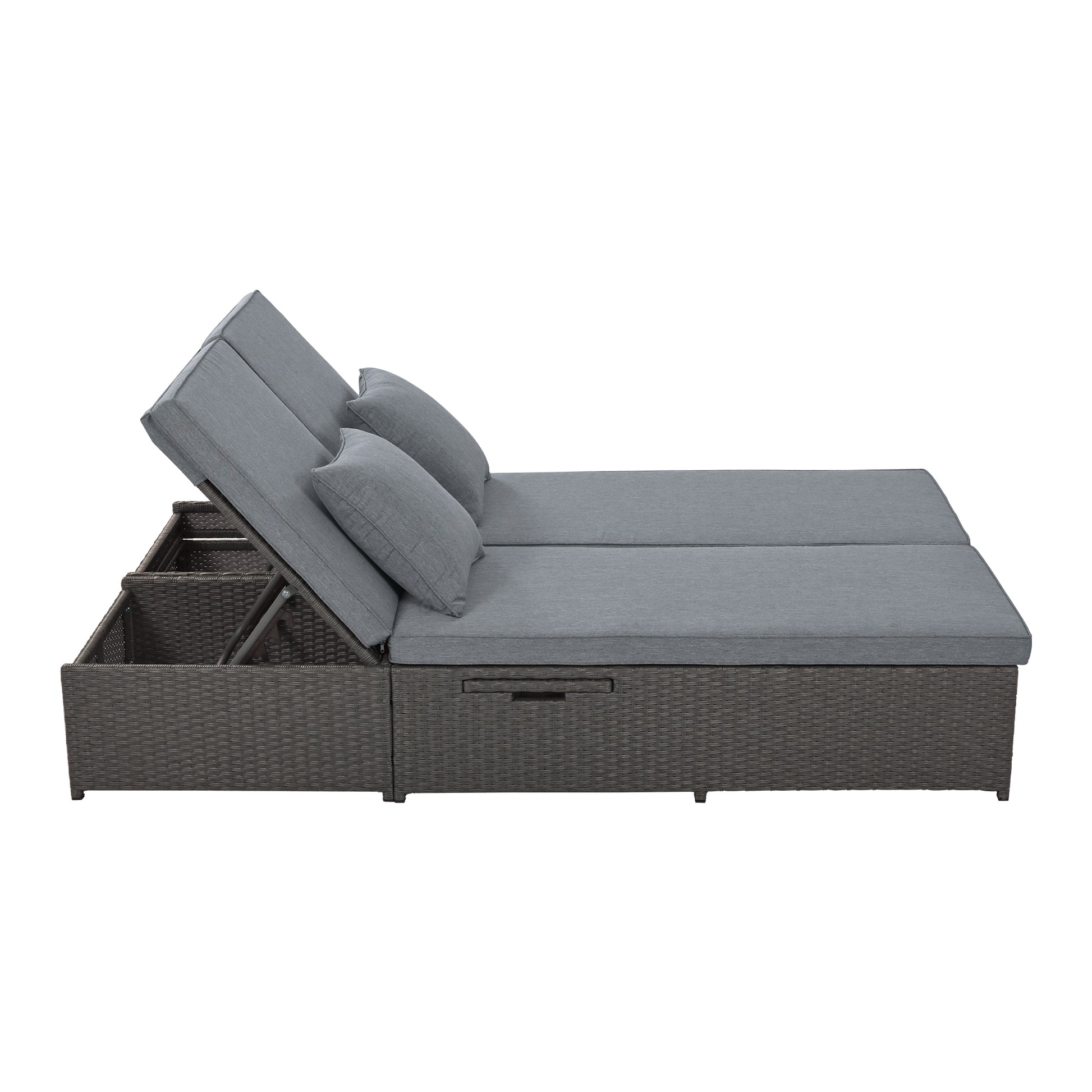 Outdoor Double Sunbed, Wicker Rattan Patio Reclining Chairs With Adjustable Backrest And Seat, Conversational Set For 2 Person, Gray Yes Complete Patio Set Gray Water Resistant Frame Water Resistant Cushion Garden & Outdoor Casual Sofa Seating Groups