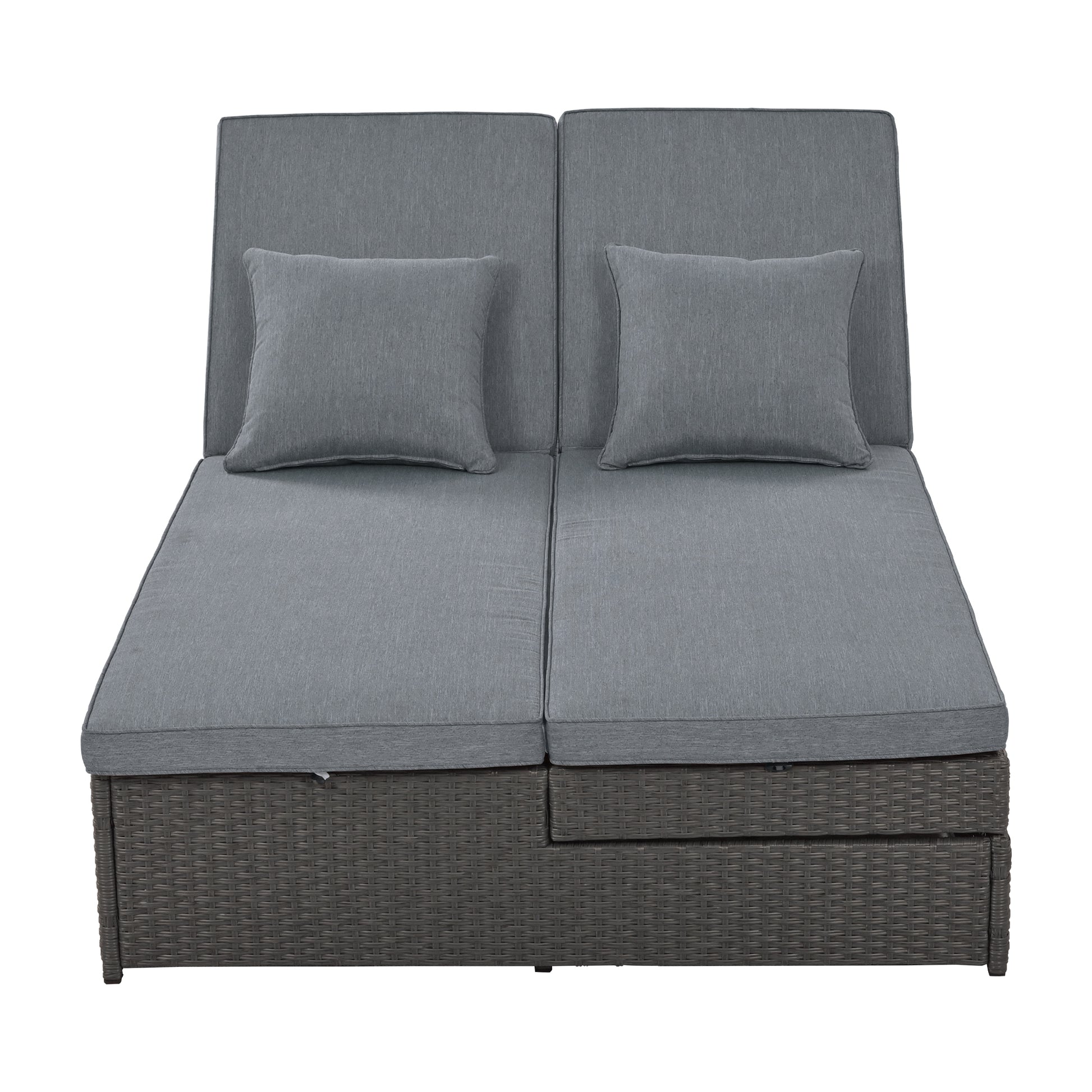 Outdoor Double Sunbed, Wicker Rattan Patio Reclining Chairs With Adjustable Backrest And Seat, Conversational Set For 2 Person, Gray Yes Complete Patio Set Gray Water Resistant Frame Water Resistant Cushion Garden & Outdoor Casual Sofa Seating Groups