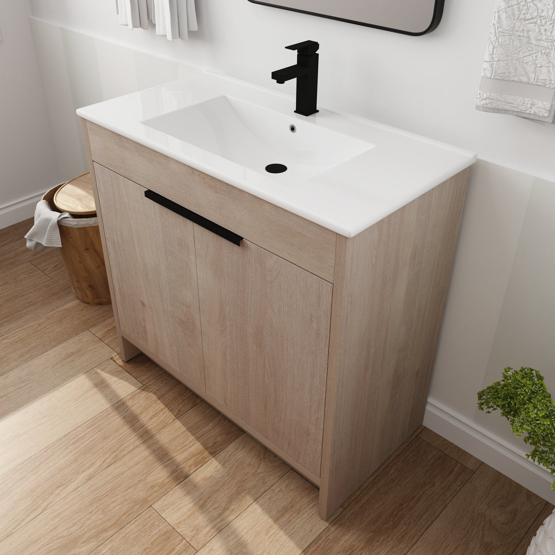 36 Inch Freestanding Bathroom Vanity With White Ceramic Sink & 2 Soft Close Cabinet Doors Bvb02436Plo F Bl9090B ,W1286S00063 Plain Light Oak 2 Bathroom Freestanding Modern Plywood