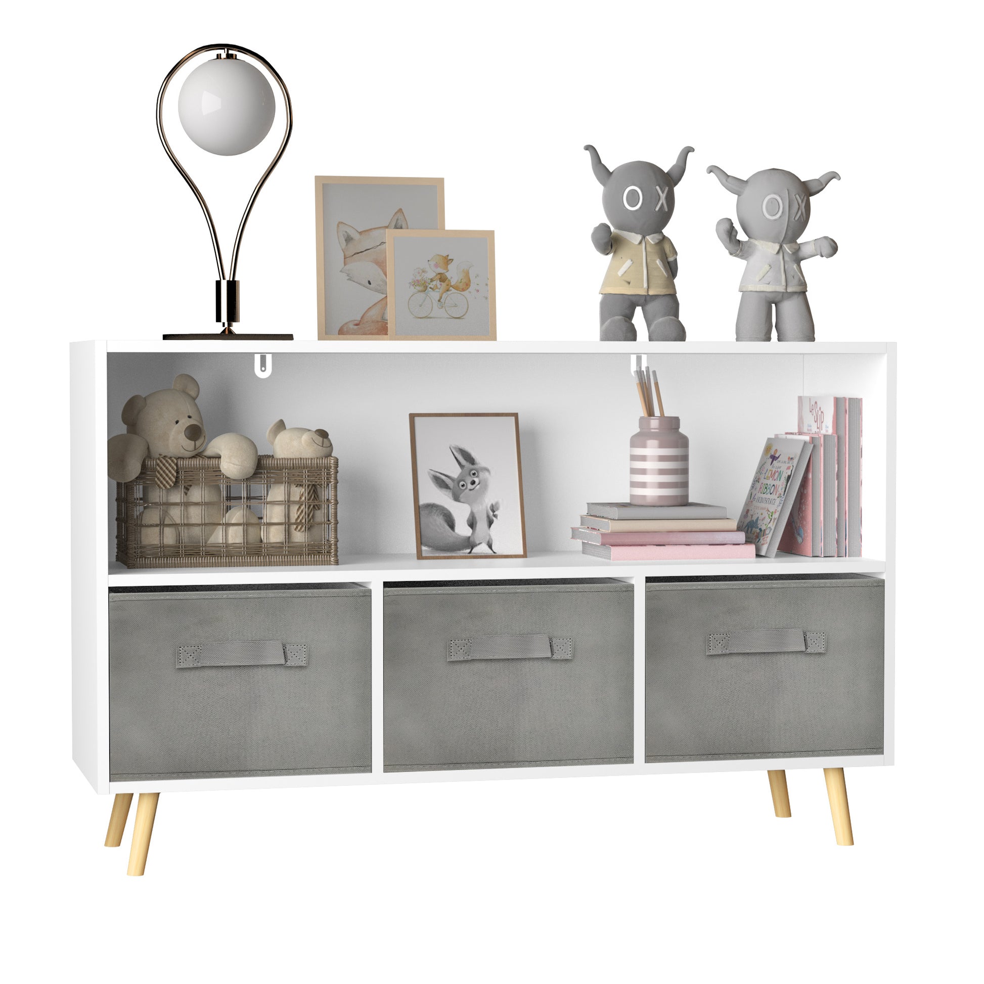 Kids Bookcase With Collapsible Fabric Drawers, Children'S Book Display, Toy Storage Cabinet Organizer, White Gray White Gray Mdf