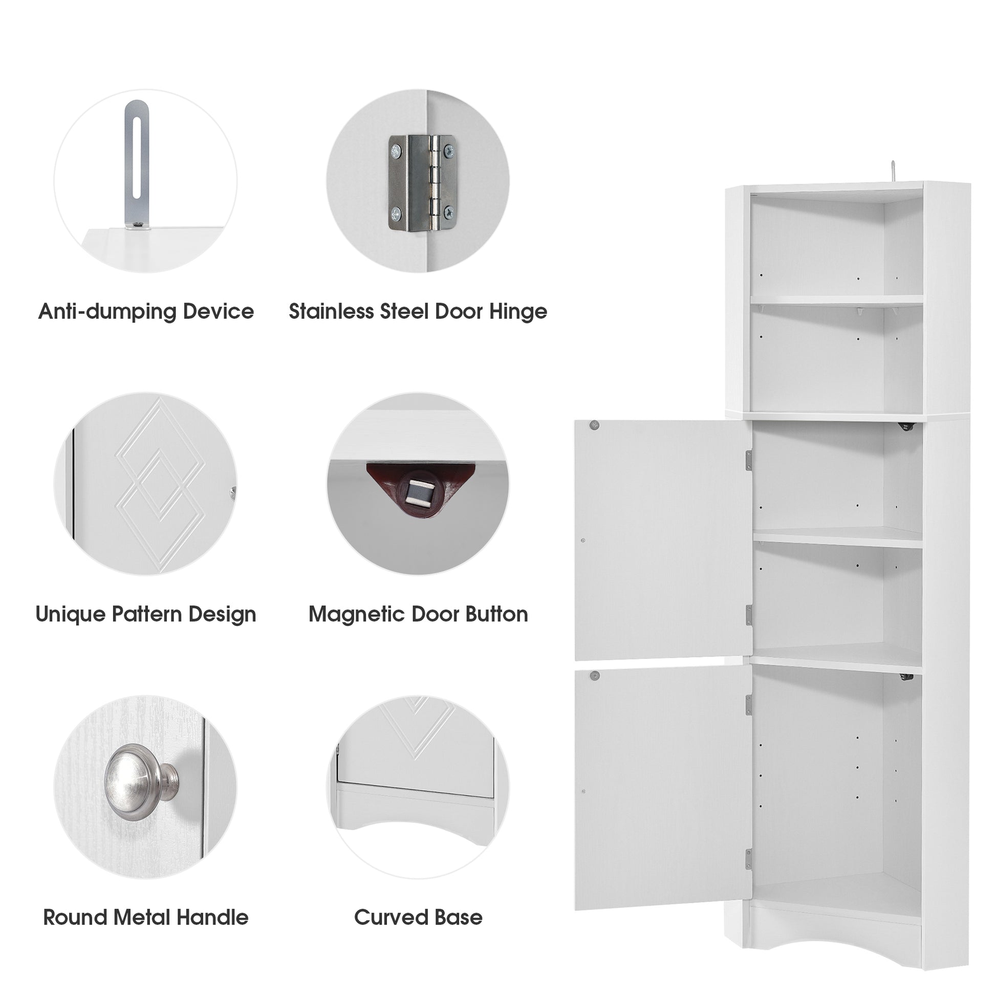 Tall Bathroom Corner Cabinet, Freestanding Storage Cabinet With Doors And Adjustable Shelves, Mdf Board, White White Mdf