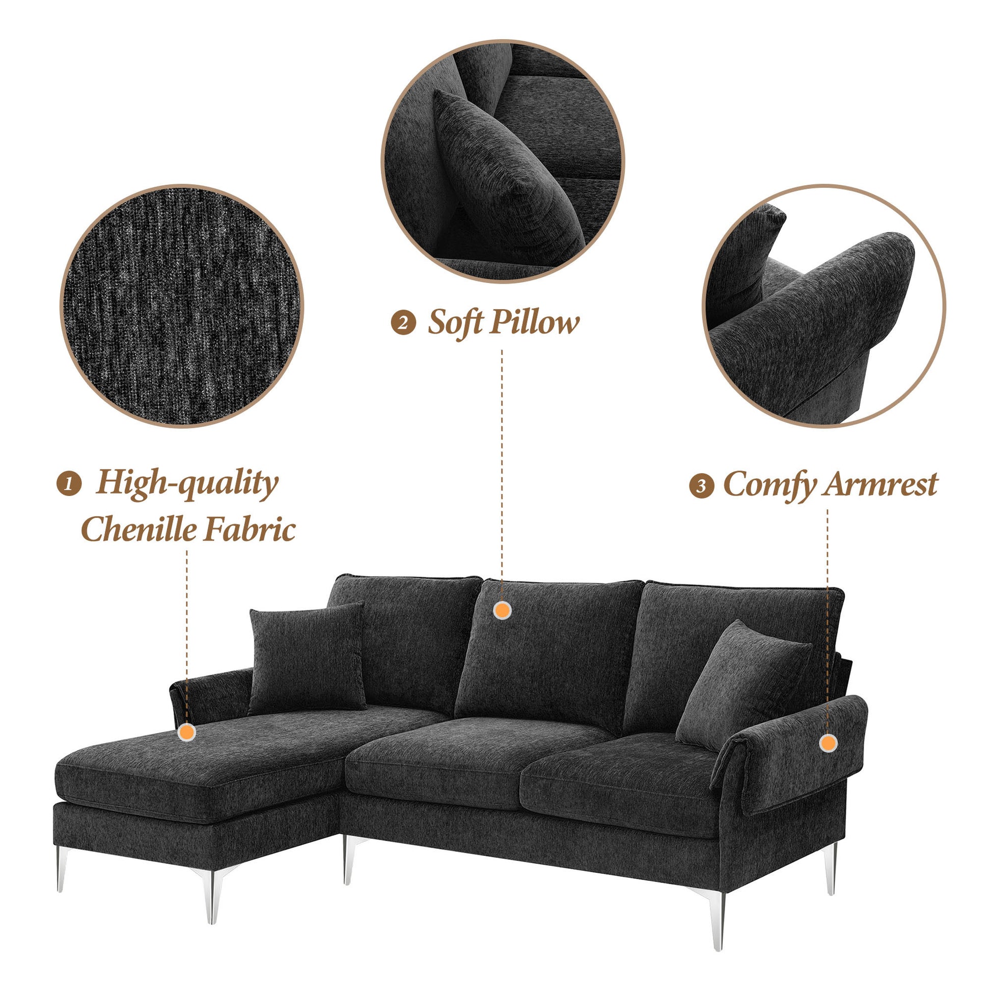 84 " Convertible Sectional Sofa, Modern Chenille L Shaped Sofa Couch With Reversible Chaise Lounge, Fit For Living Room, Apartment 2 Pillows Black Fabric