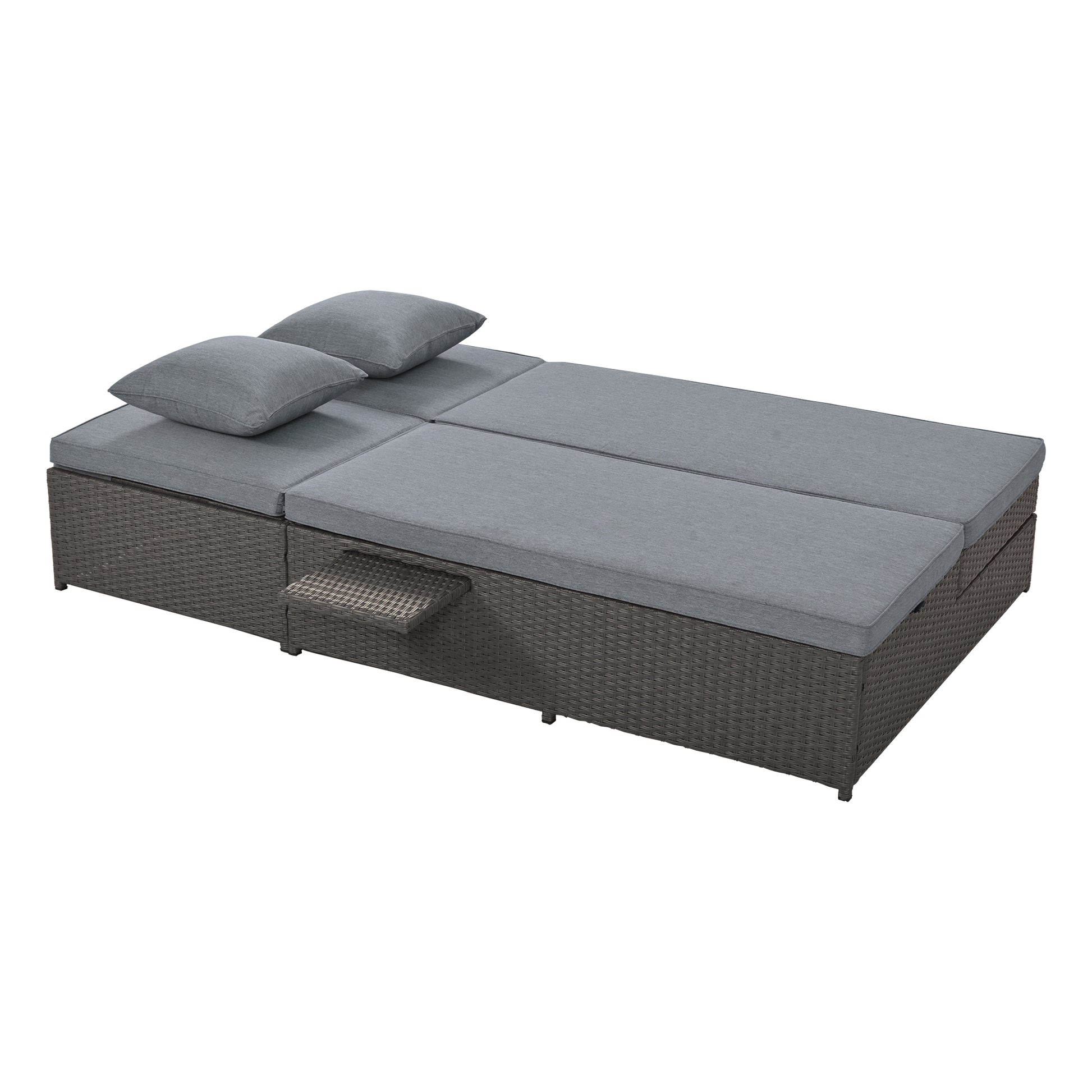 Outdoor Double Sunbed, Wicker Rattan Patio Reclining Chairs With Adjustable Backrest And Seat, Conversational Set For 2 Person, Gray Yes Complete Patio Set Gray Water Resistant Frame Water Resistant Cushion Garden & Outdoor Casual Sofa Seating Groups