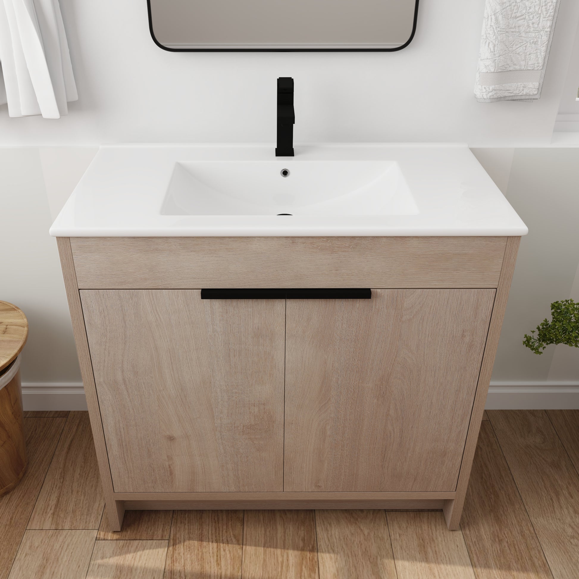 36 Inch Freestanding Bathroom Vanity With White Ceramic Sink & 2 Soft Close Cabinet Doors Bvb02436Plo F Bl9090B ,W1286S00063 Plain Light Oak 2 Bathroom Freestanding Modern Plywood