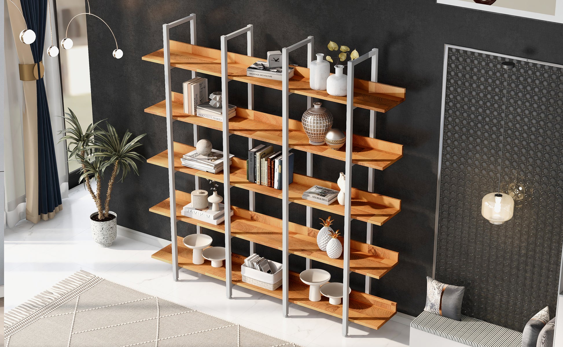 5 Tier Bookcase Home Office Open Bookshelf, Vintage Industrial Style Shelf, Mdf Board, White Metal Frame, Brown Brown White Mdf Steel