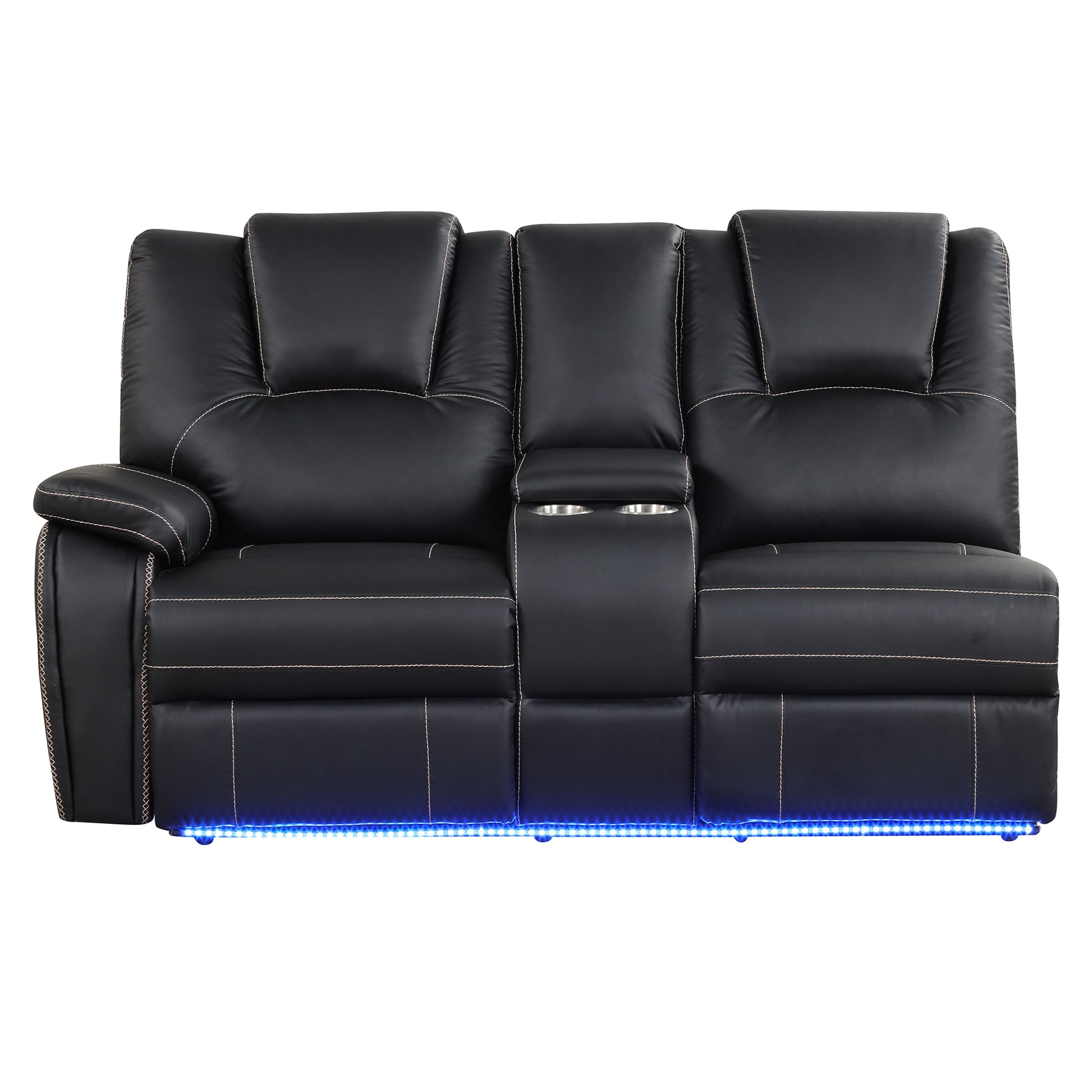 Modern Faux Leather Manual Reclining With Center Console With Led Light Strip,Living Room Furniture Set,Pu Symmetrical Couch With 2 Cup Holders And Storage For Living Room,Black Black Foam Pu Leather 6 Seat