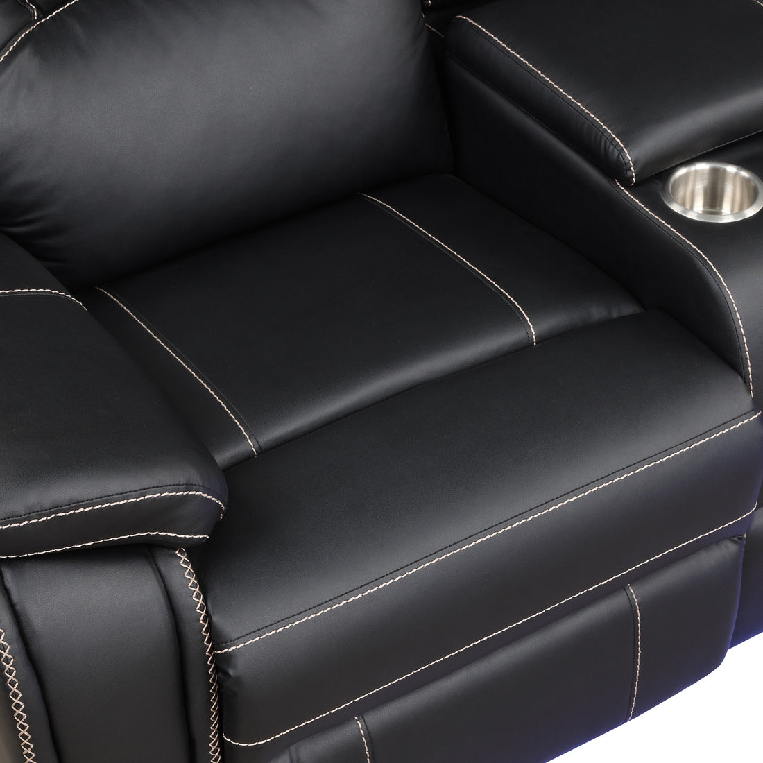 Modern Faux Leather Manual Reclining With Center Console With Led Light Strip,Living Room Furniture Set,Pu Symmetrical Couch With 2 Cup Holders And Storage For Living Room,Black Black Foam Pu Leather 6 Seat