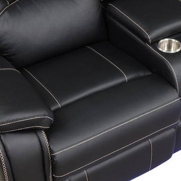 Modern Faux Leather Manual Reclining With Center Console With Led Light Strip,Living Room Furniture Set,Pu Symmetrical Couch With 2 Cup Holders And Storage For Living Room,Black Black Foam Pu Leather 6 Seat