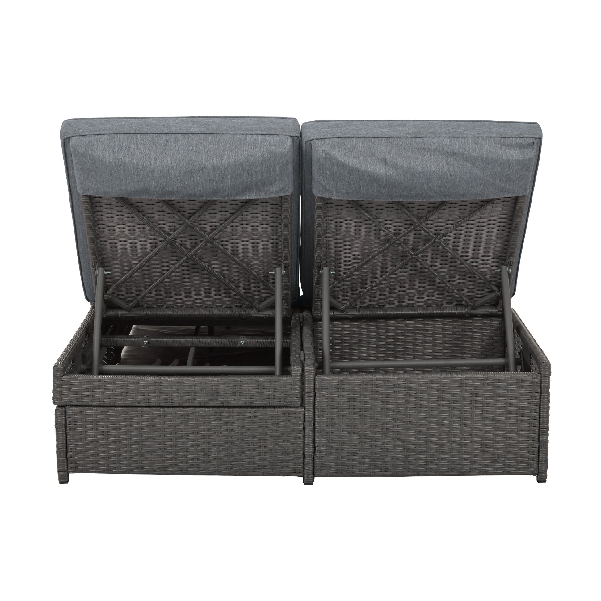 Outdoor Double Sunbed, Wicker Rattan Patio Reclining Chairs With Adjustable Backrest And Seat, Conversational Set For 2 Person, Gray Yes Complete Patio Set Gray Water Resistant Frame Water Resistant Cushion Garden & Outdoor Casual Sofa Seating Groups