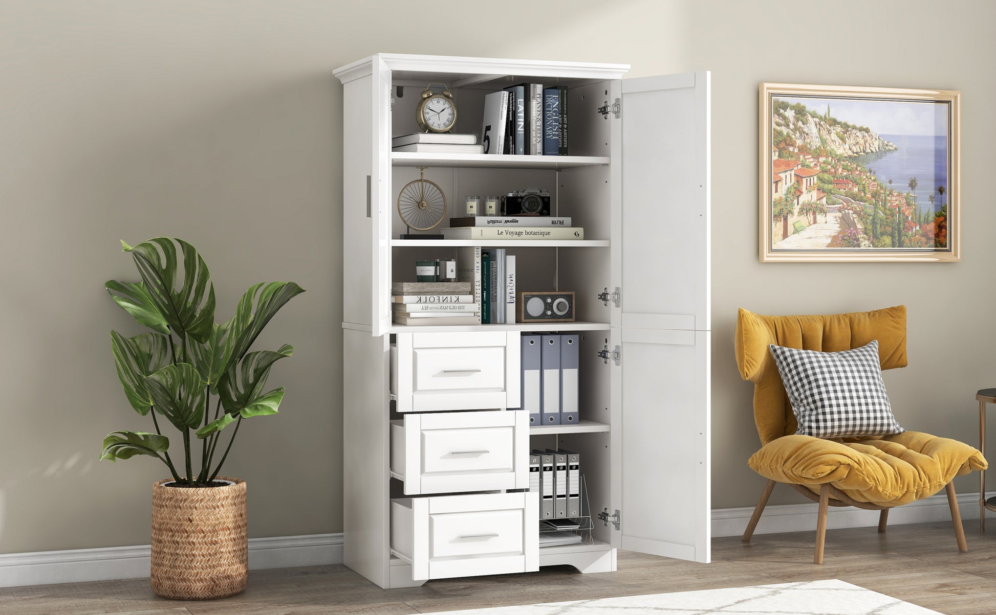 Tall And Wide Storage Cabinet With Doors For Bathroom Office, Three Drawers, White White Mdf