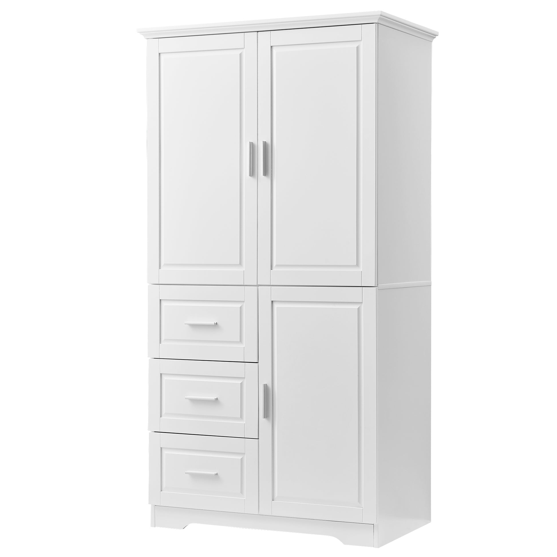 Tall And Wide Storage Cabinet With Doors For Bathroom Office, Three Drawers, White White Mdf