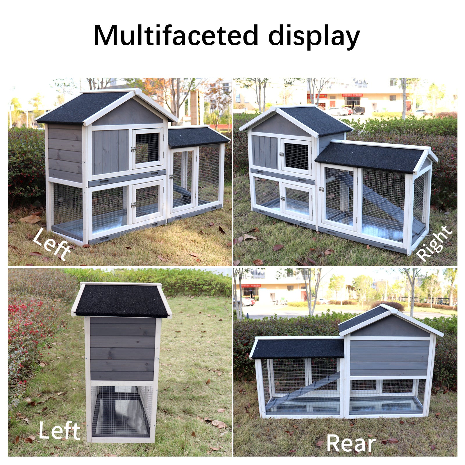 Rabbit Hutch, Indoor Bunny Cage, Outdoor Rabbit Cages With Run, Pet House With Deeper No Leak Tray, Uv Panel, Removable Bottom Wire Mesh For Small Animals Grey Solid Wood