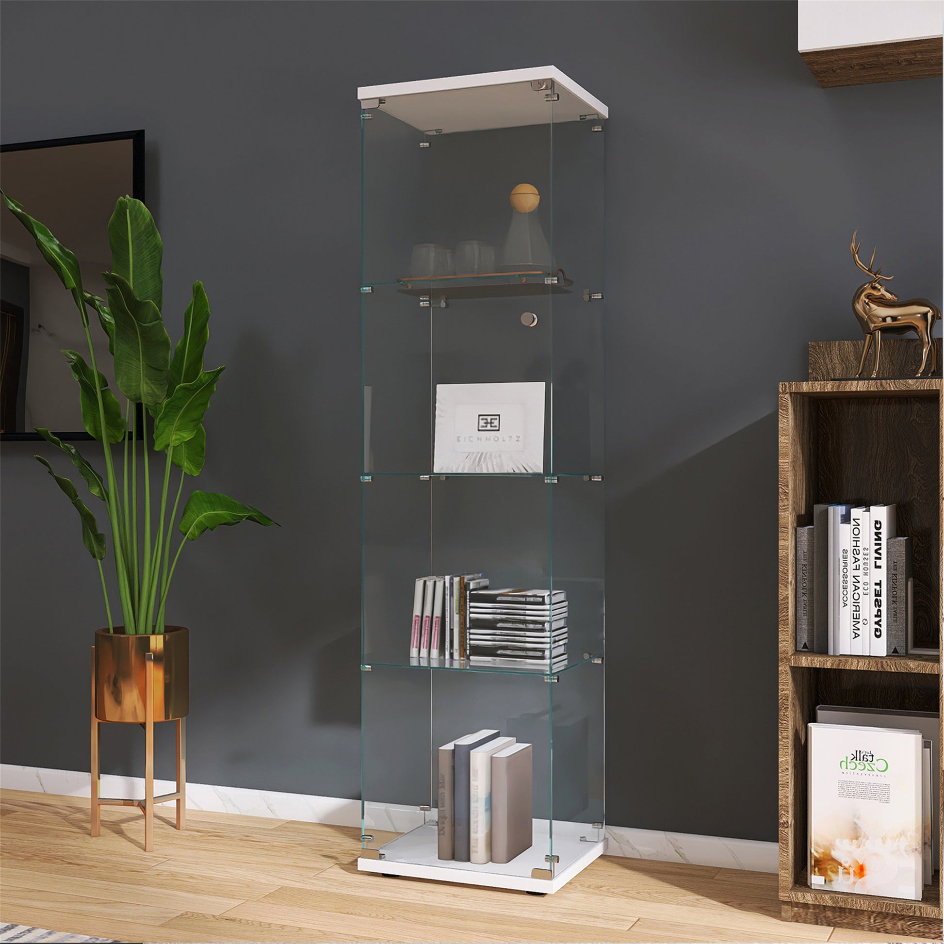 Lighted 4 Shelves Glass Cabinet Glass Display Cabinet With One Door, White White Glass