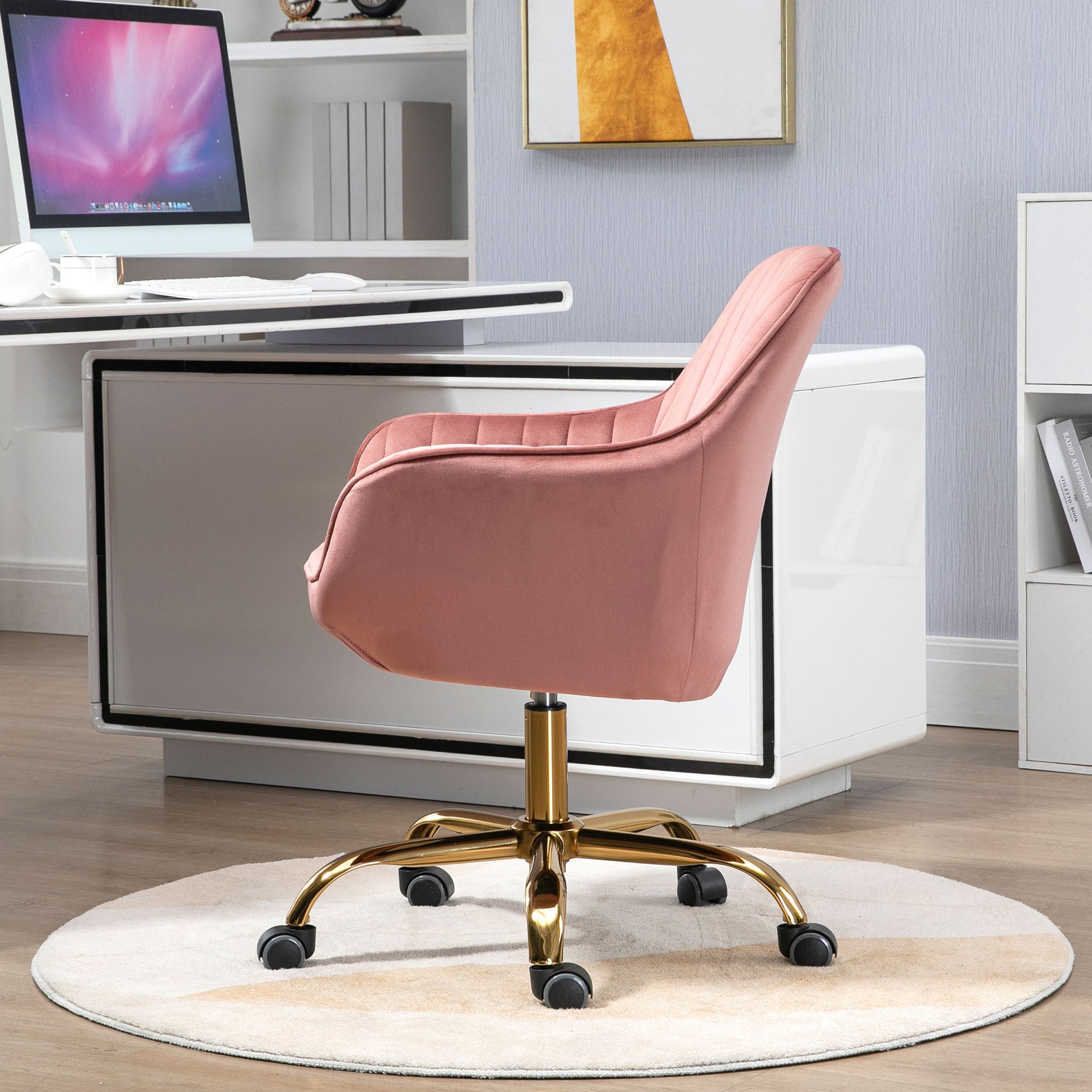 360 Pink Velvet Swivel Chair With High Back, Adjustable Working Chair With Golden Color Base Pink Velvet