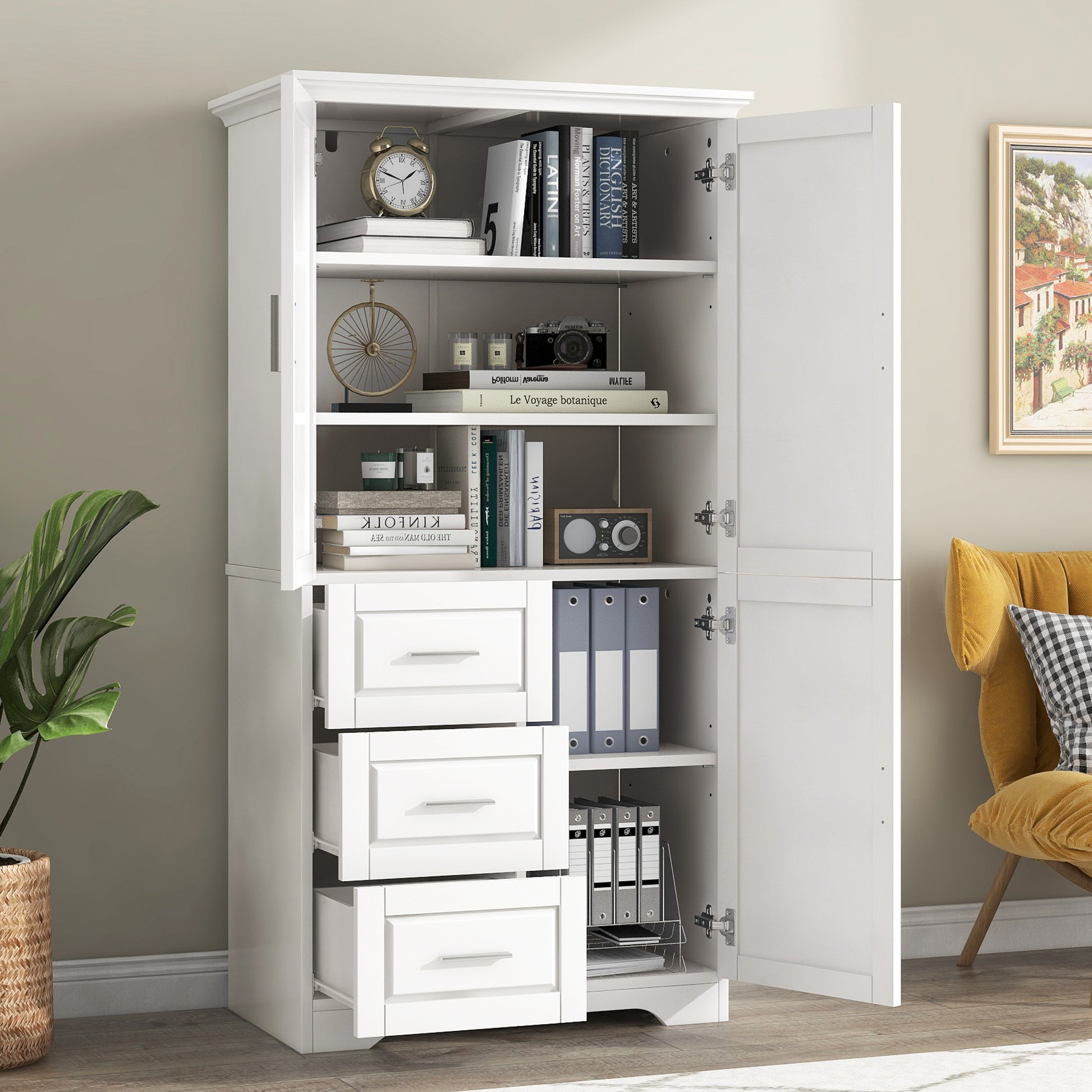 Tall And Wide Storage Cabinet With Doors For Bathroom Office, Three Drawers, White White Mdf