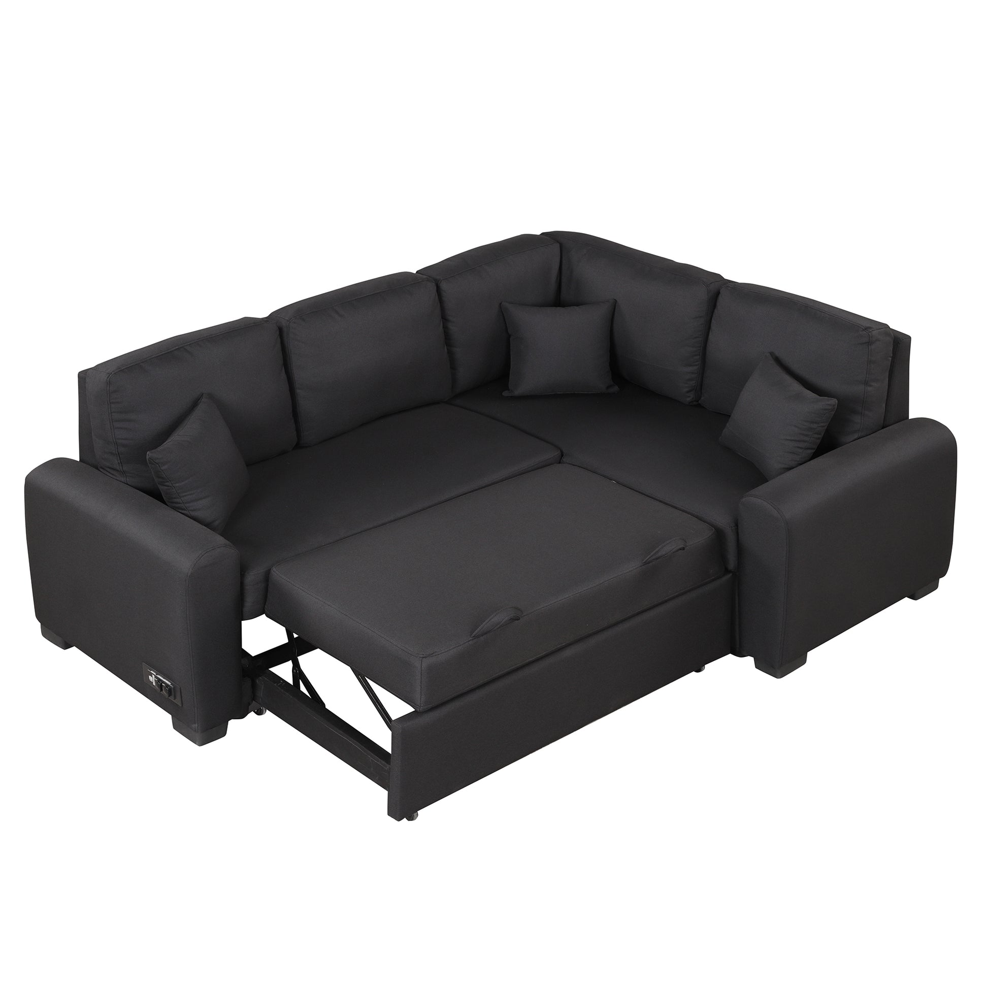 87.4"Sectional Sleeper Sofa With Usb Charging Port And Plug Outlet,Pull Out Sofa Bed With 3 Pillows, L Shape Chaise For Living Room Small Apartment,Black Old Sku Sg000720Aab Black Foam Linen