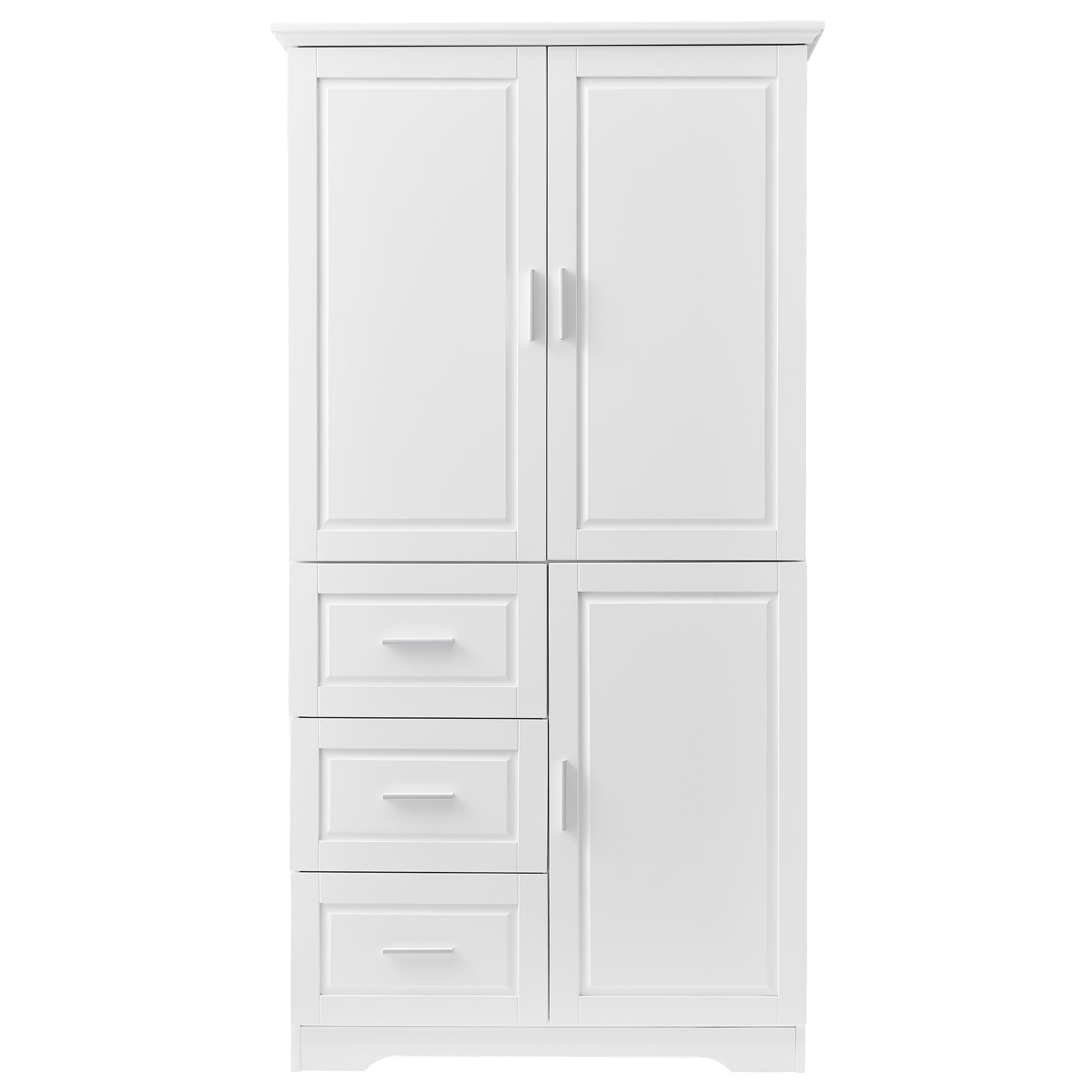 Tall And Wide Storage Cabinet With Doors For Bathroom Office, Three Drawers, White White Mdf