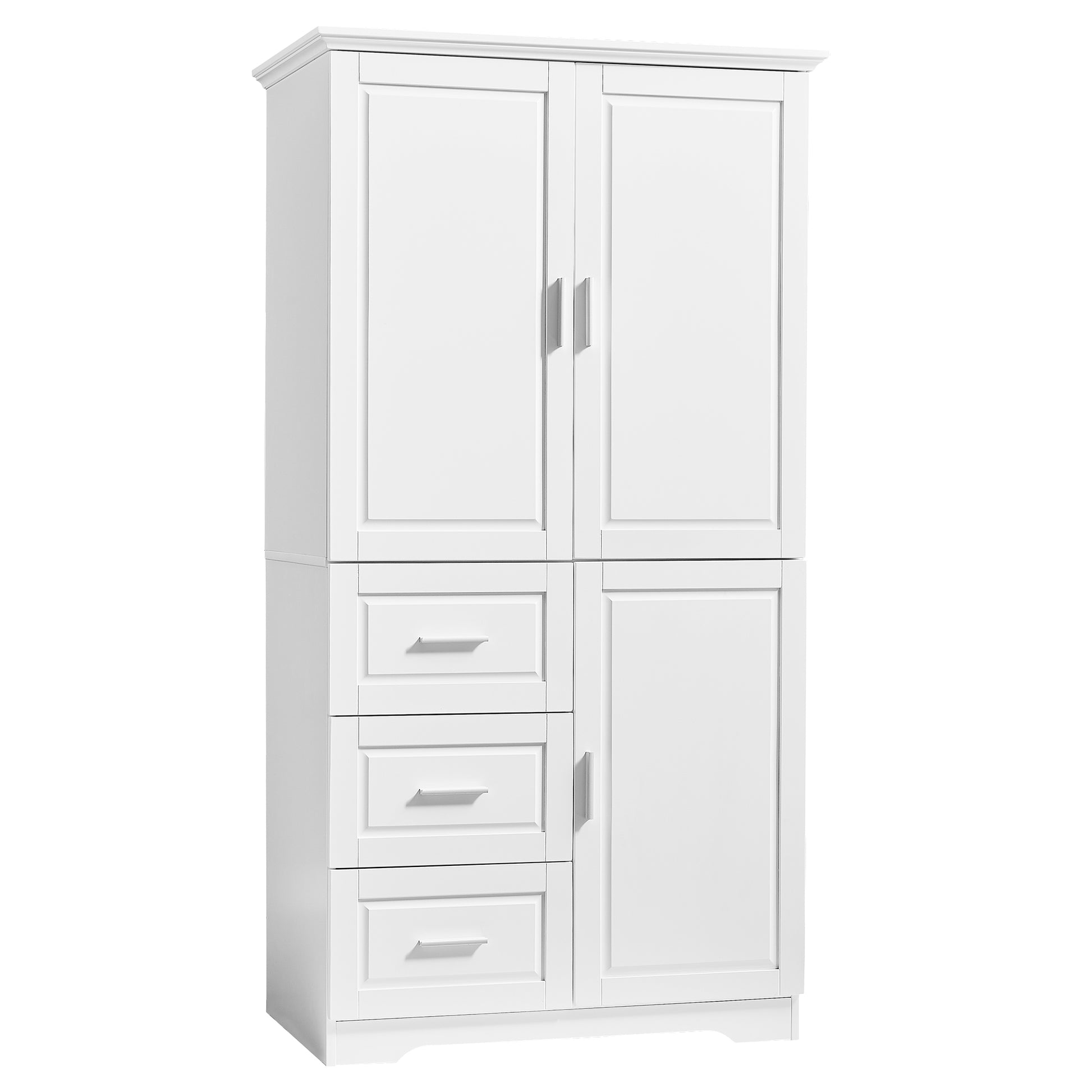 Tall And Wide Storage Cabinet With Doors For Bathroom Office, Three Drawers, White White Mdf