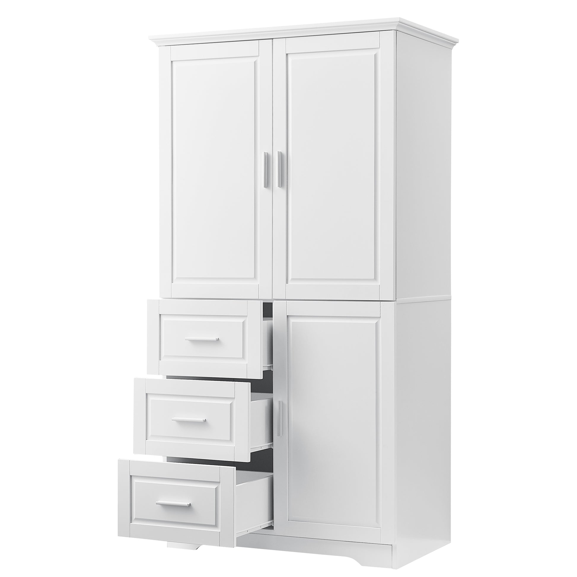 Tall And Wide Storage Cabinet With Doors For Bathroom Office, Three Drawers, White White Mdf