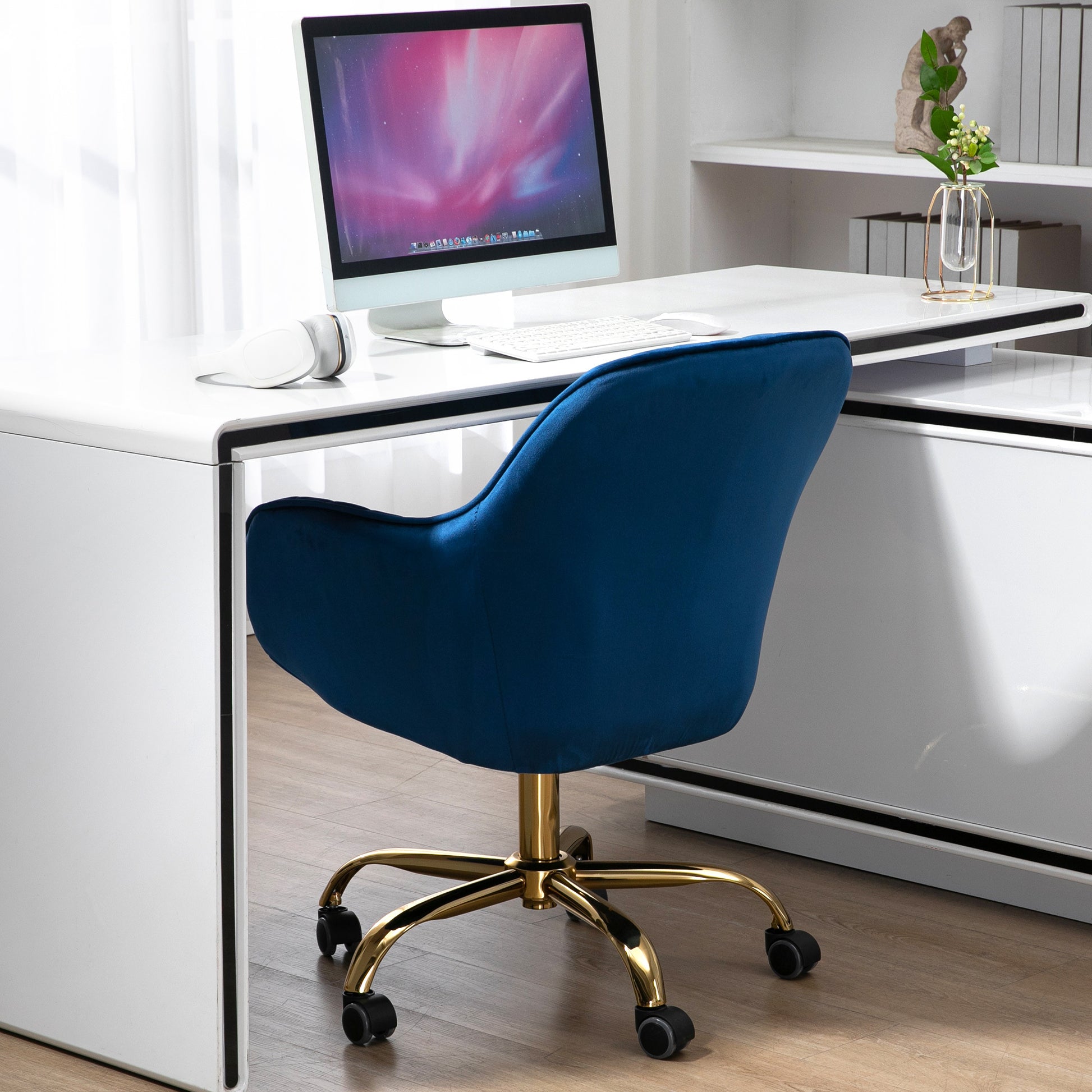 360 Dark Blue Velvet Swivel Chair With High Back, Adjustable Working Chair With Golden Color Base Dark Blue Velvet