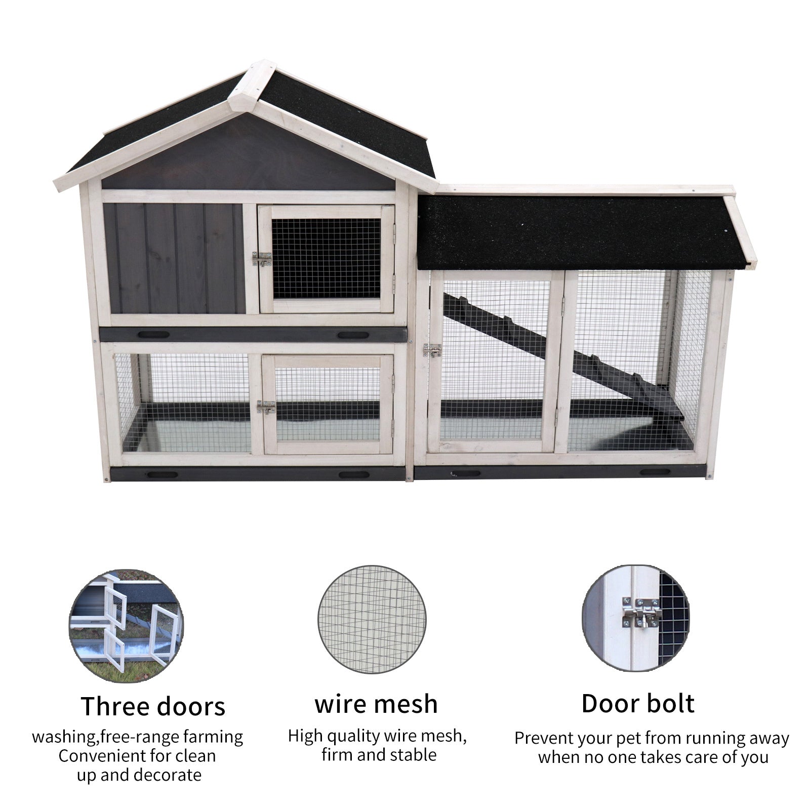 Rabbit Hutch, Indoor Bunny Cage, Outdoor Rabbit Cages With Run, Pet House With Deeper No Leak Tray, Uv Panel, Removable Bottom Wire Mesh For Small Animals Grey Solid Wood