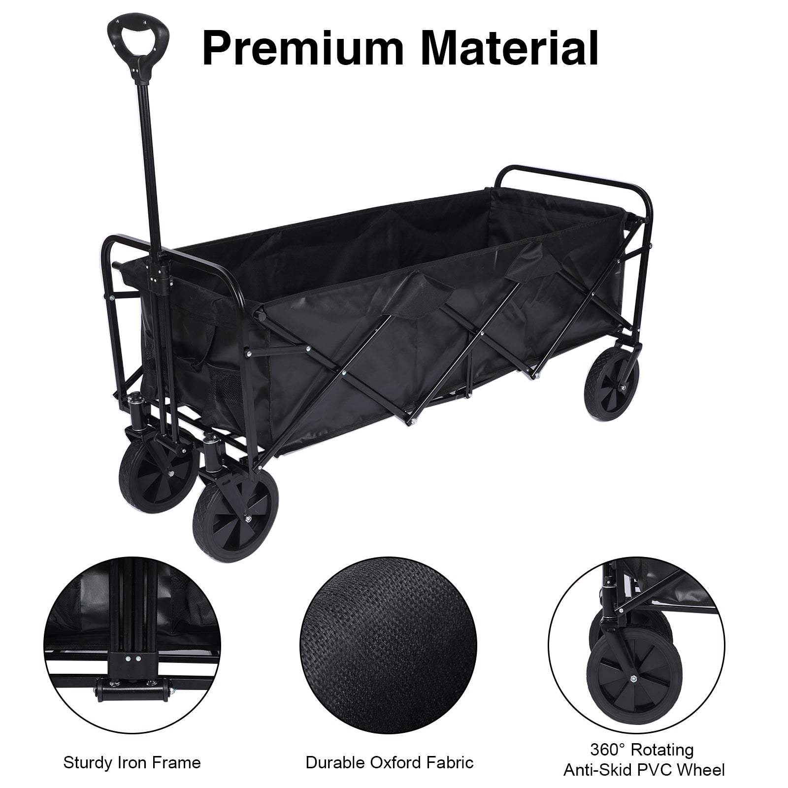 Yssoa Heavy Duty Folding Portable Hand Cart With Removable Canopy, 8'' Wheels, Adjustable Handles And Double Fabric For Shopping, Picnic, Beach, Camping Black Aluminium Alloy