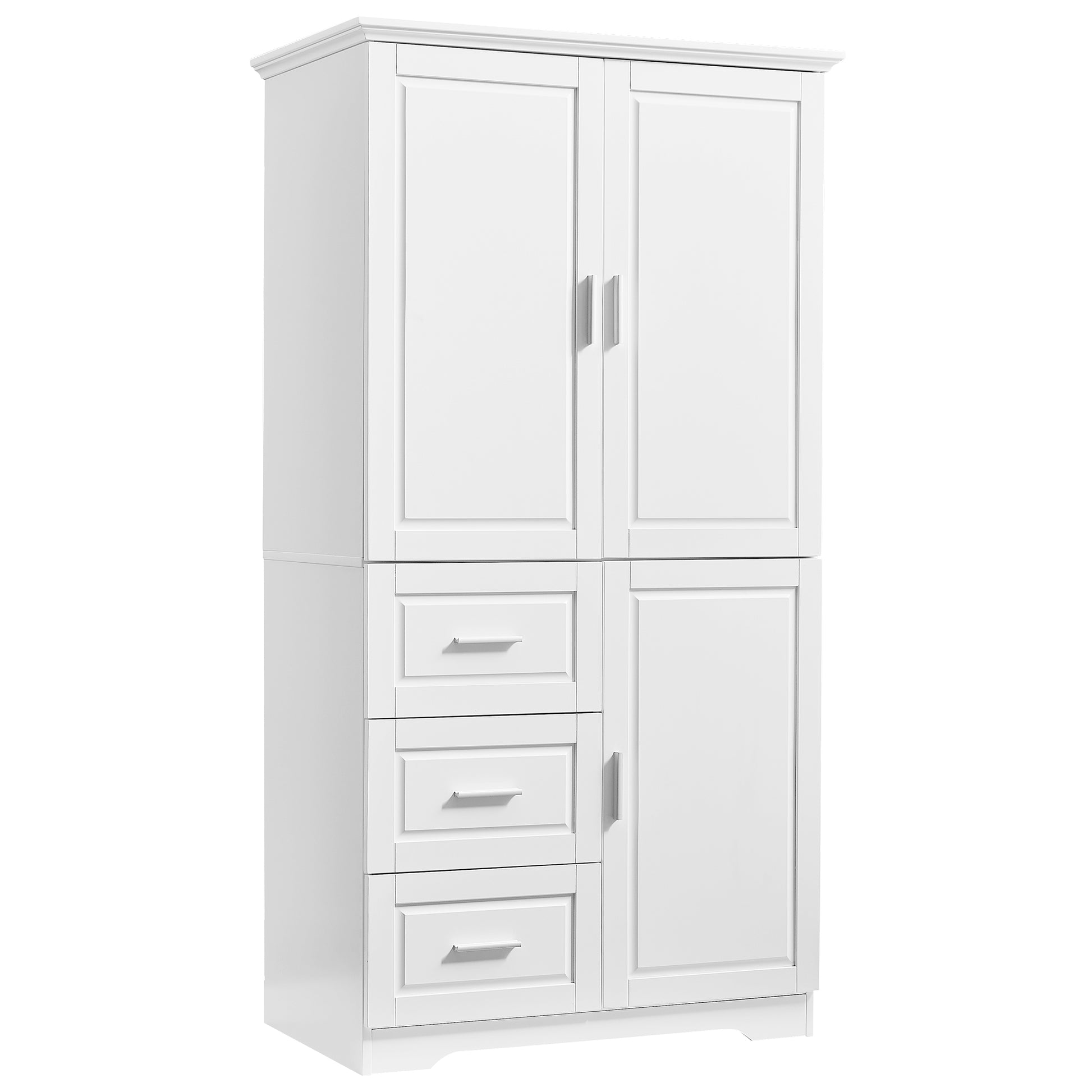 Tall And Wide Storage Cabinet With Doors For Bathroom Office, Three Drawers, White White Mdf