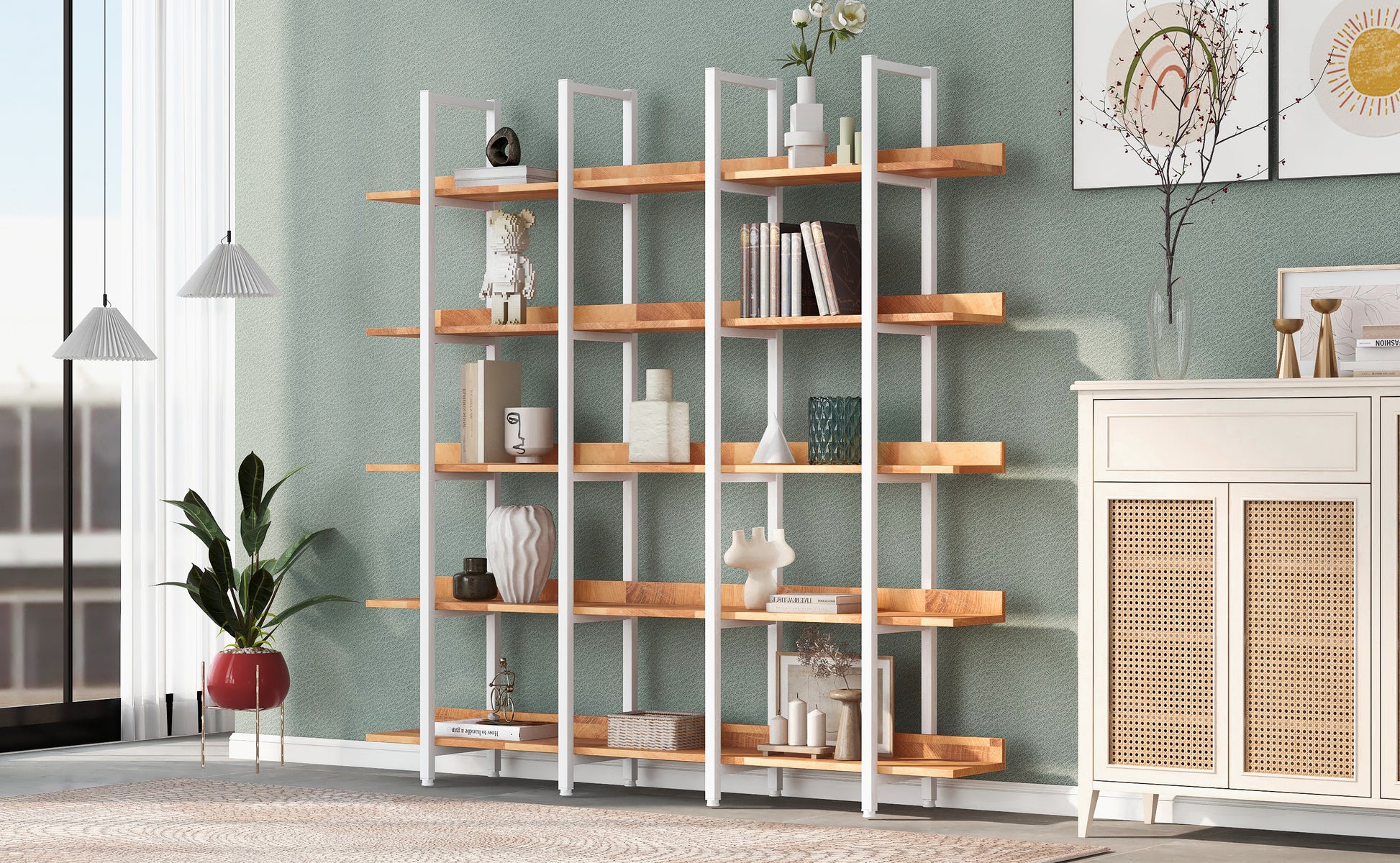 5 Tier Bookcase Home Office Open Bookshelf, Vintage Industrial Style Shelf, Mdf Board, White Metal Frame, Brown Brown White Mdf Steel