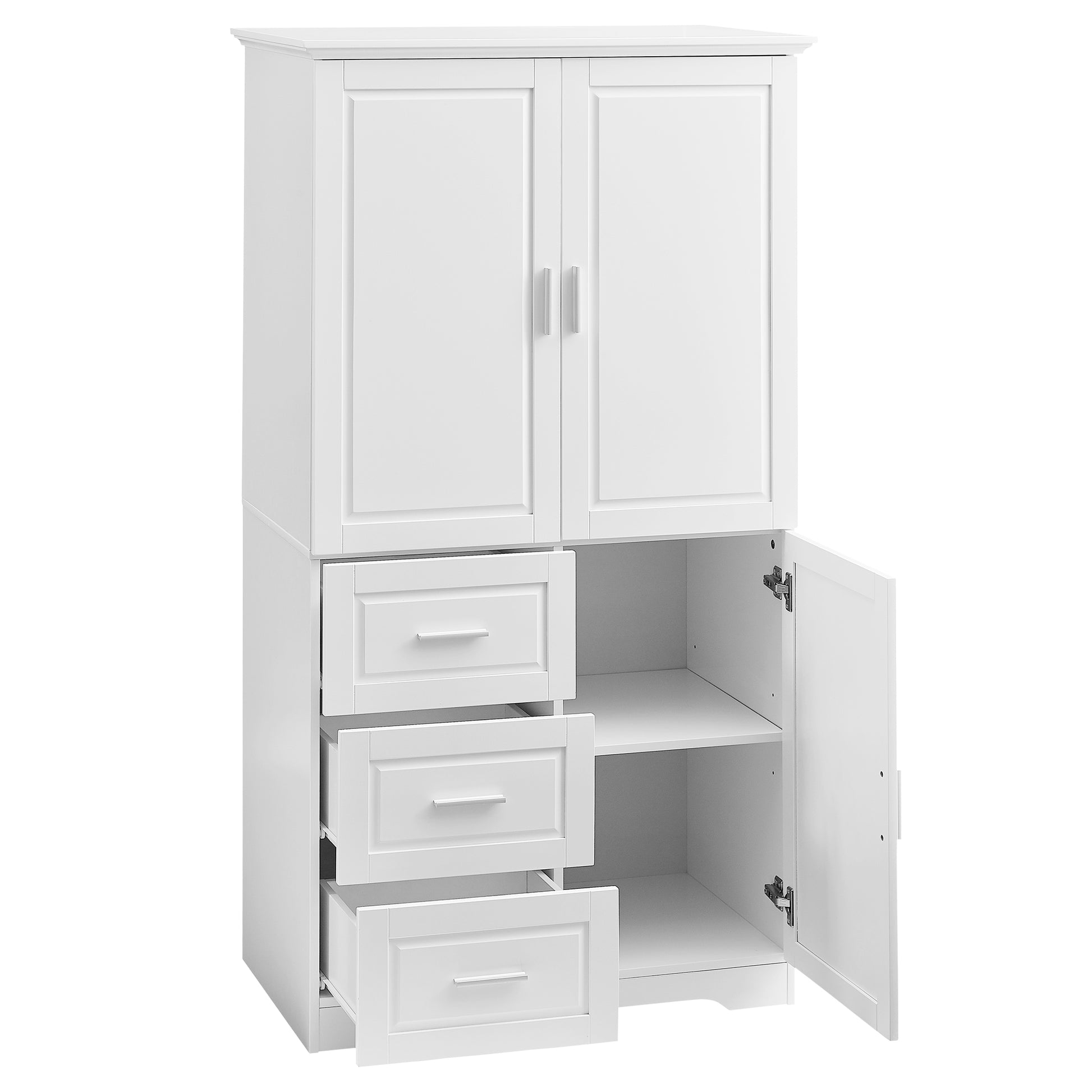 Tall And Wide Storage Cabinet With Doors For Bathroom Office, Three Drawers, White White Mdf