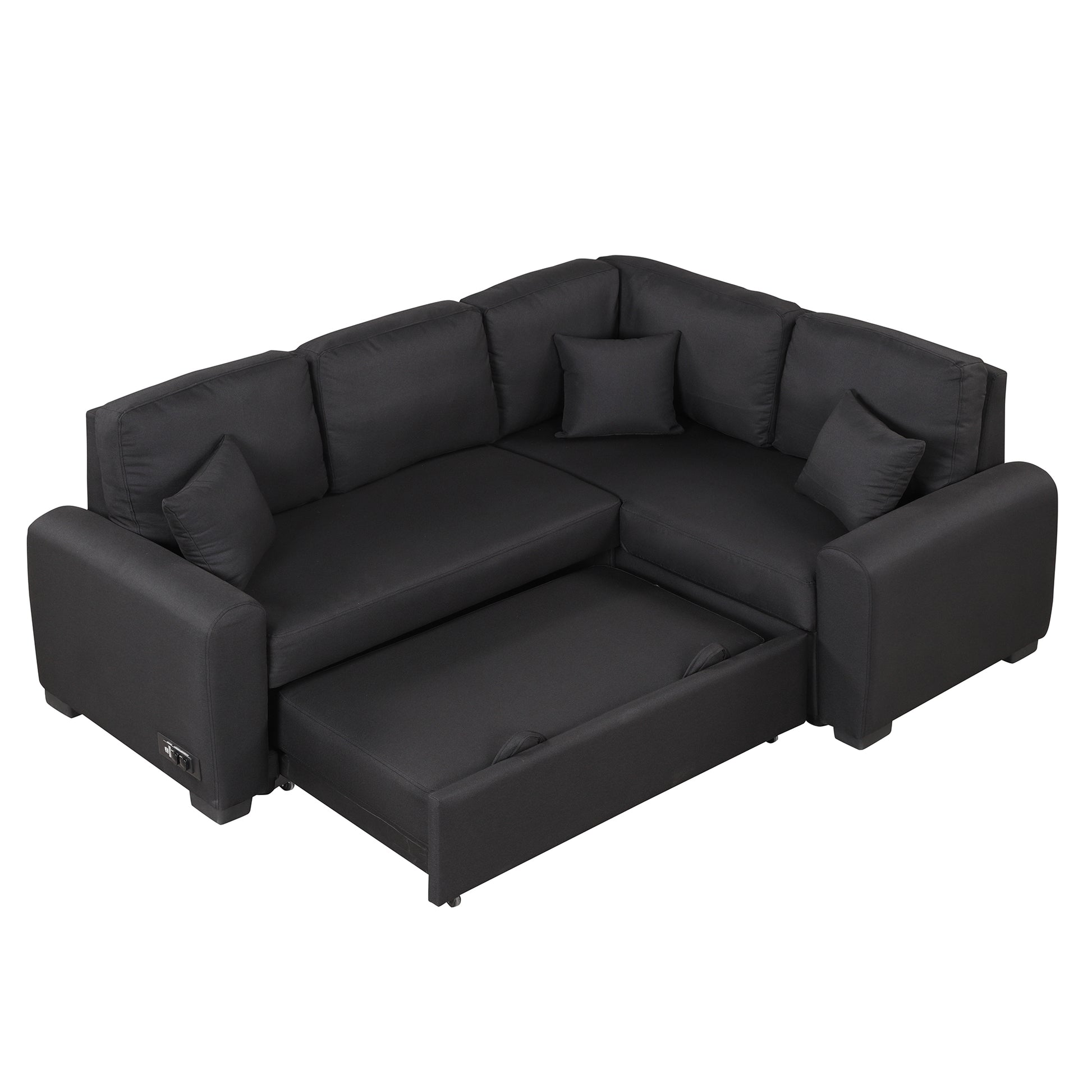 87.4"Sectional Sleeper Sofa With Usb Charging Port And Plug Outlet,Pull Out Sofa Bed With 3 Pillows, L Shape Chaise For Living Room Small Apartment,Black Old Sku Sg000720Aab Black Foam Linen