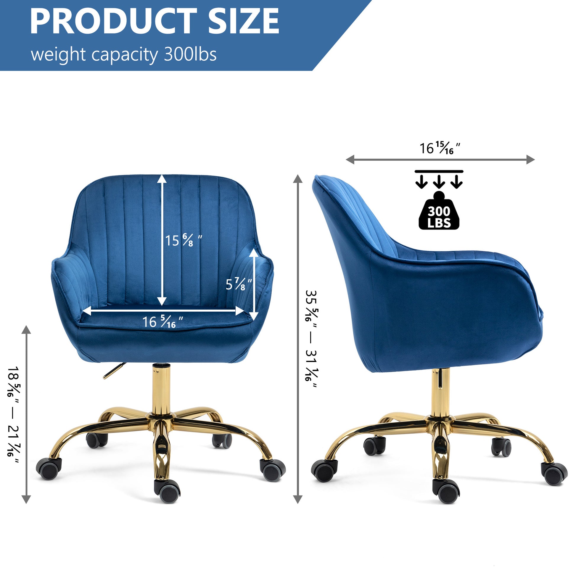 360 Dark Blue Velvet Swivel Chair With High Back, Adjustable Working Chair With Golden Color Base Dark Blue Velvet