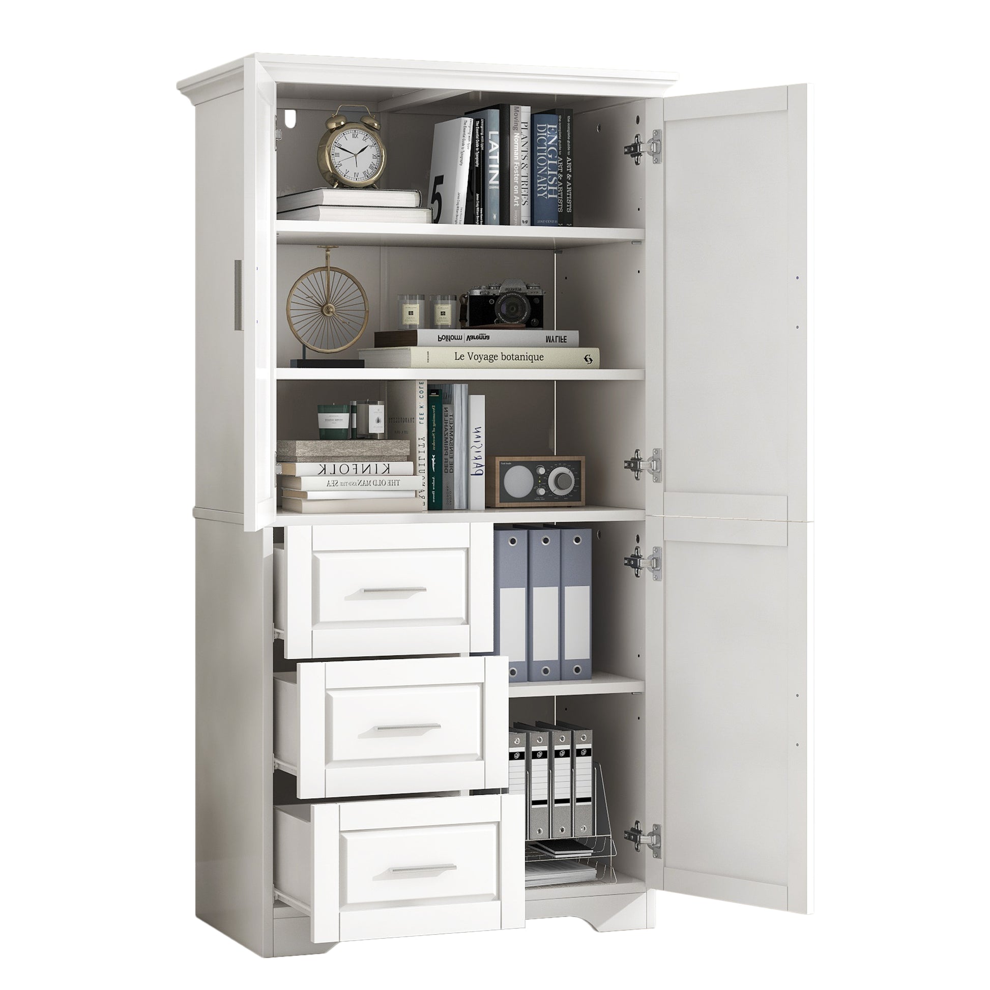 Tall And Wide Storage Cabinet With Doors For Bathroom Office, Three Drawers, White White Mdf