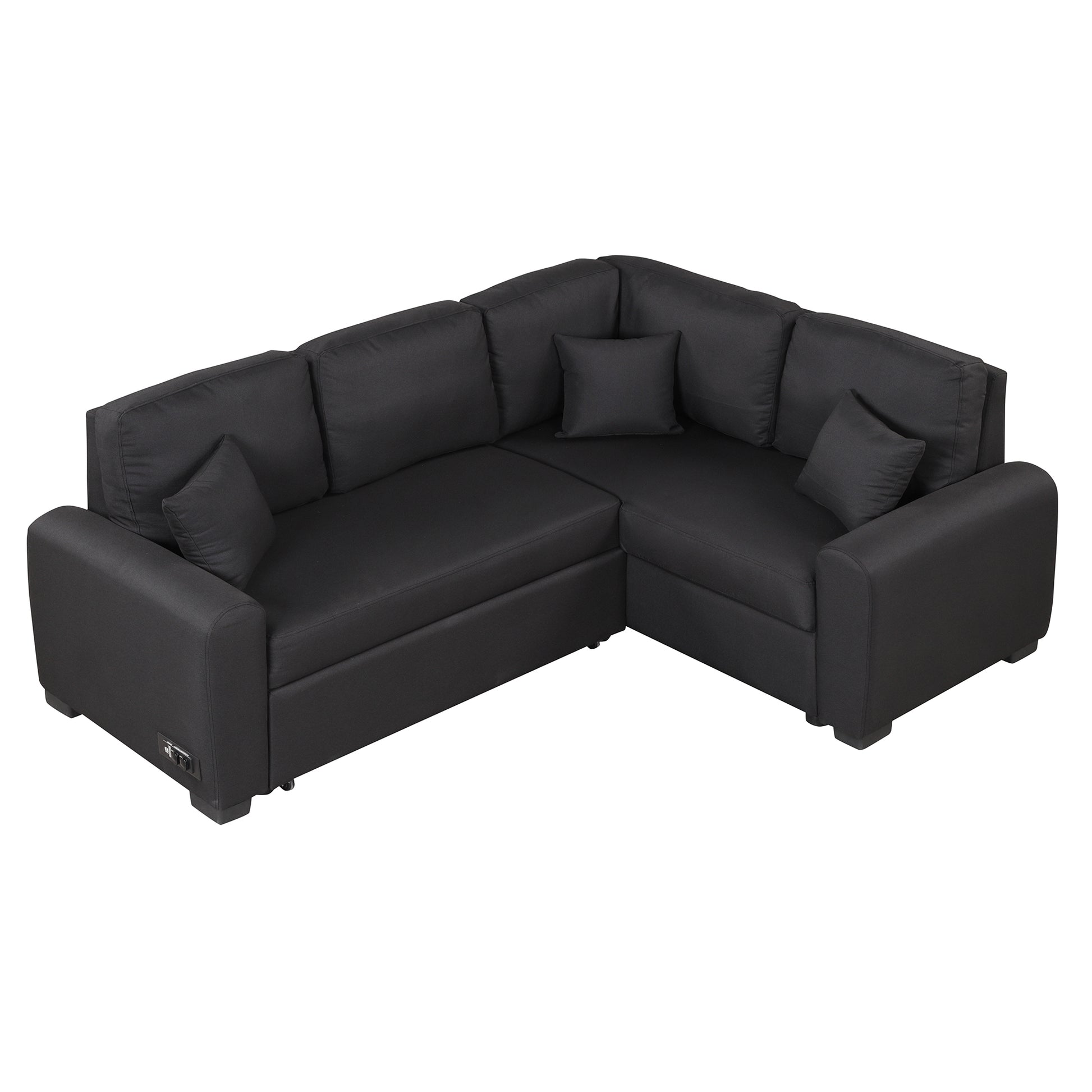 87.4"Sectional Sleeper Sofa With Usb Charging Port And Plug Outlet,Pull Out Sofa Bed With 3 Pillows, L Shape Chaise For Living Room Small Apartment,Black Old Sku Sg000720Aab Black Foam Linen