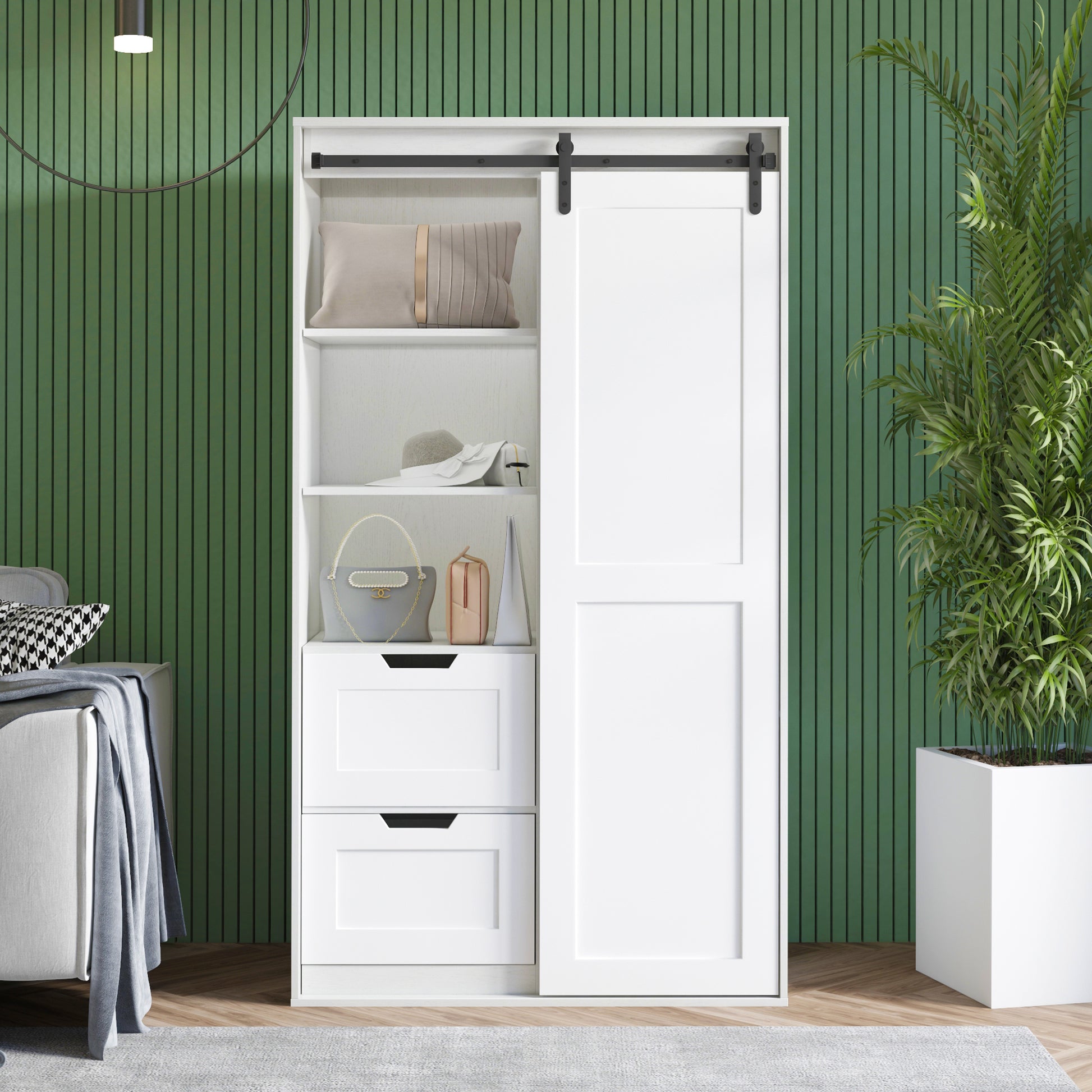 71 Inch Closets,Large Closets Laundry Cabinets,Plastic Suction Process,Farm Slide Barndoors,Save Open Space,Brand Hardware,Silent Slide,Can Be Used For The Bedroom,Cloakroom,Livingroom,Color:White 5 Or More Spaces Antique White Drawers Included Primary