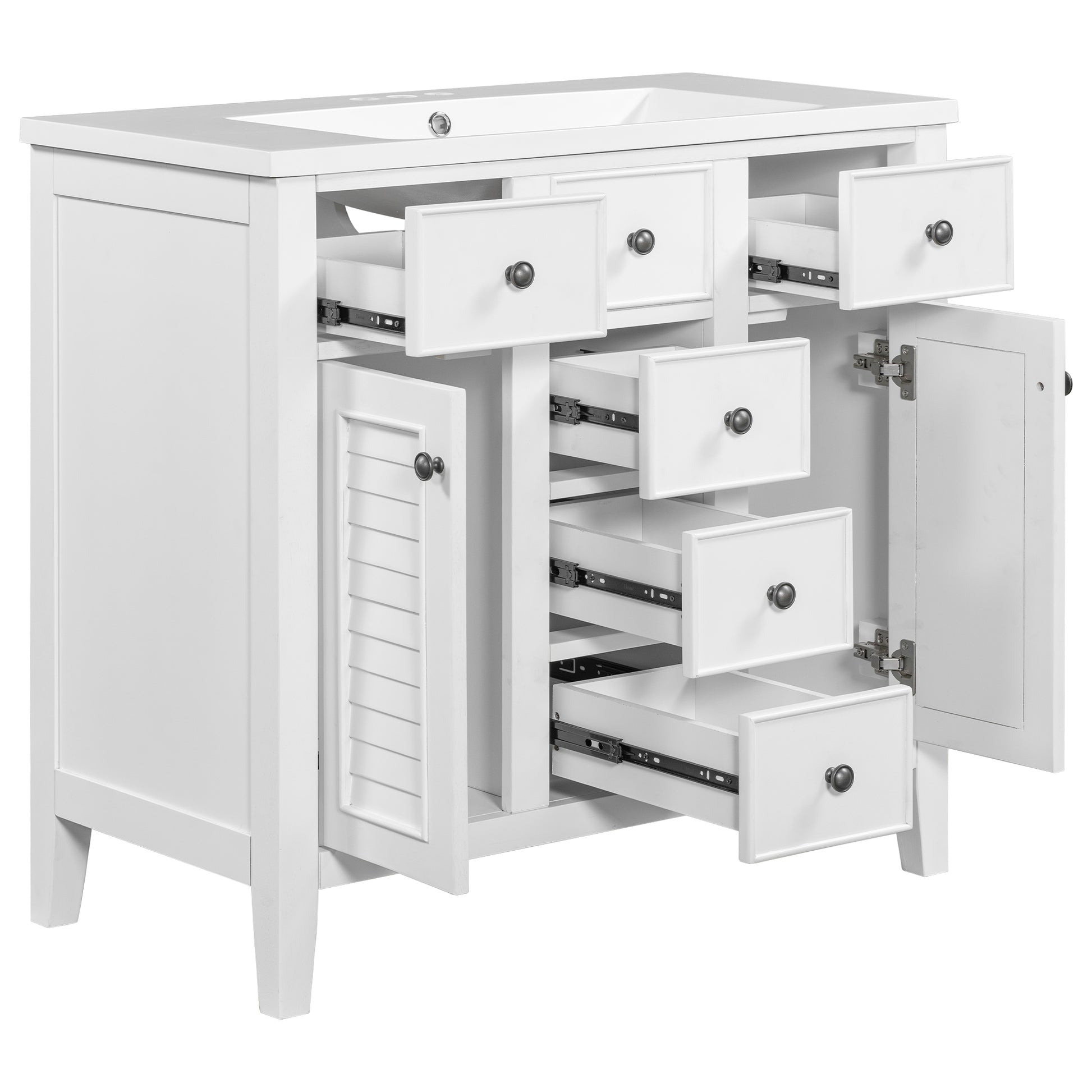 36" Bathroom Vanity With Ceramic Basin, Two Cabinets And Five Drawers, Solid Wood Frame, White Old Sku: Sy999202Aak 1 White Solid Wood Mdf