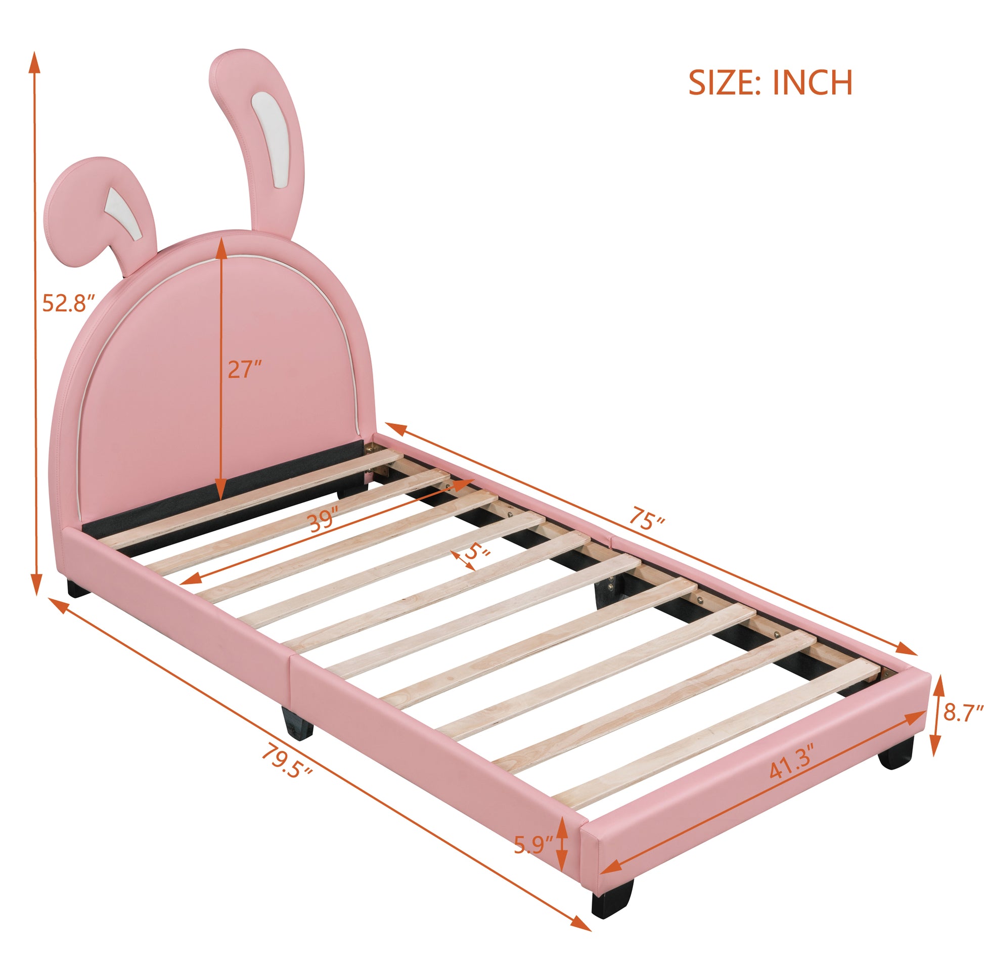 Twin Size Upholstered Leather Platform Bed With Rabbit Ornament, Pink Pink Pu Leather