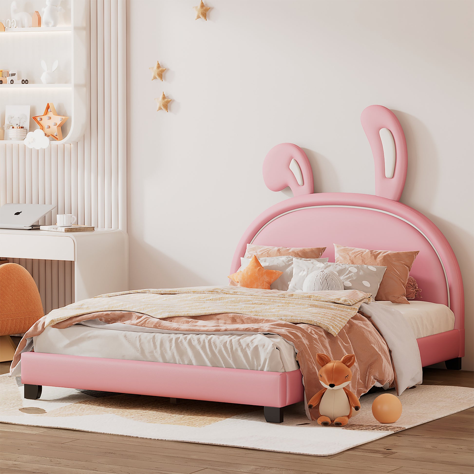 Full Size Upholstered Leather Platform Bed With Rabbit Ornament, Pink Pink Pu Leather