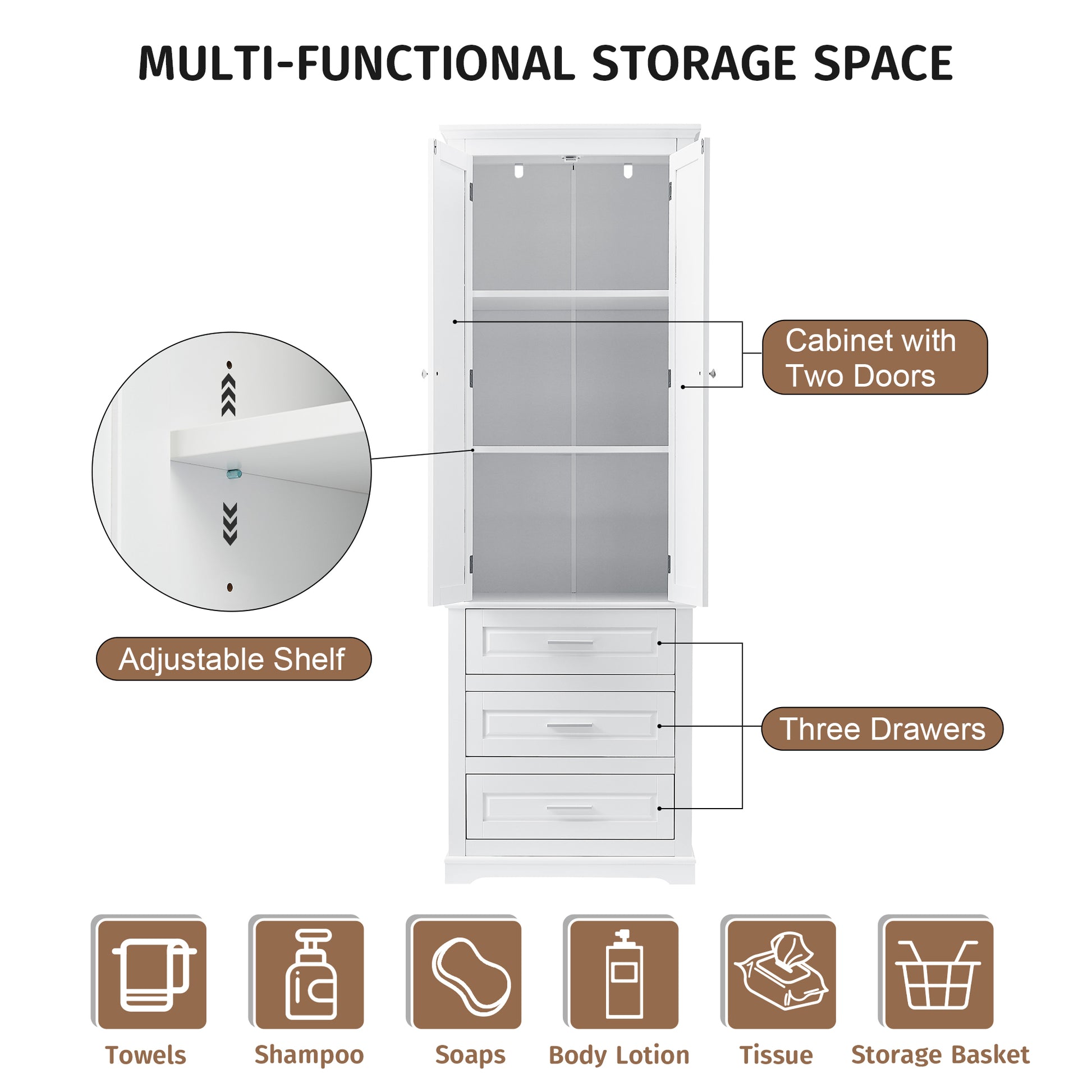 Tall Storage Cabinet With Three Drawers For Bathroom Office, White White Mdf