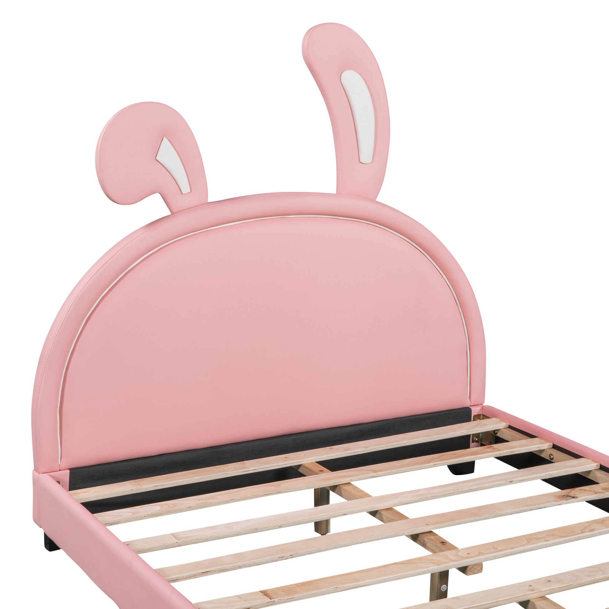 Full Size Upholstered Leather Platform Bed With Rabbit Ornament, Pink Pink Pu Leather