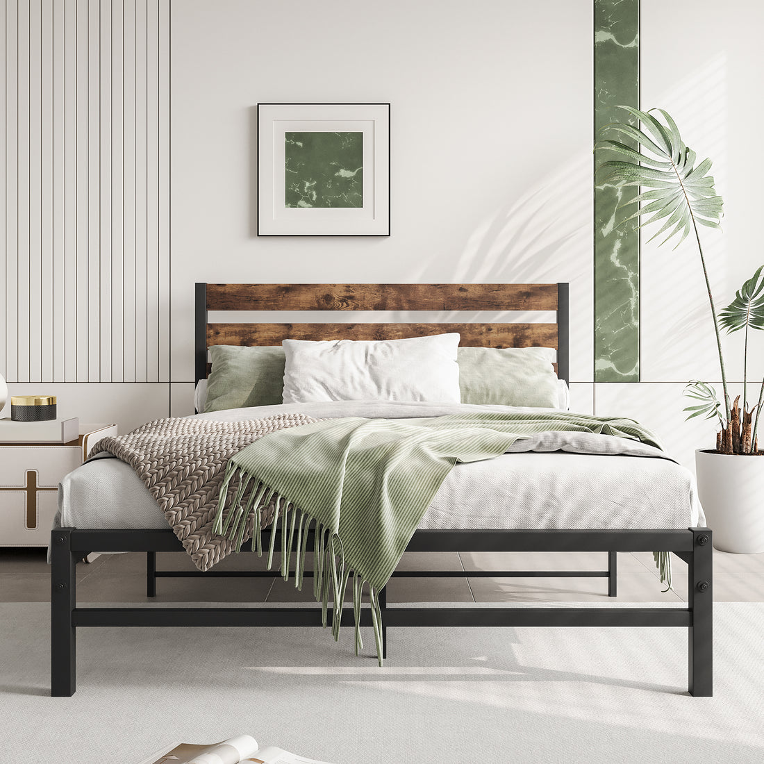 Full Size Platform Bed Frame With Rustic Vintage Wood Headboard, Strong Metal Slats Support Mattress Foundation, No Box Spring Needed Rustic Brown Box Spring Not Required Full Black Metal Brown Bedroom Bed Frame Metal & Wood