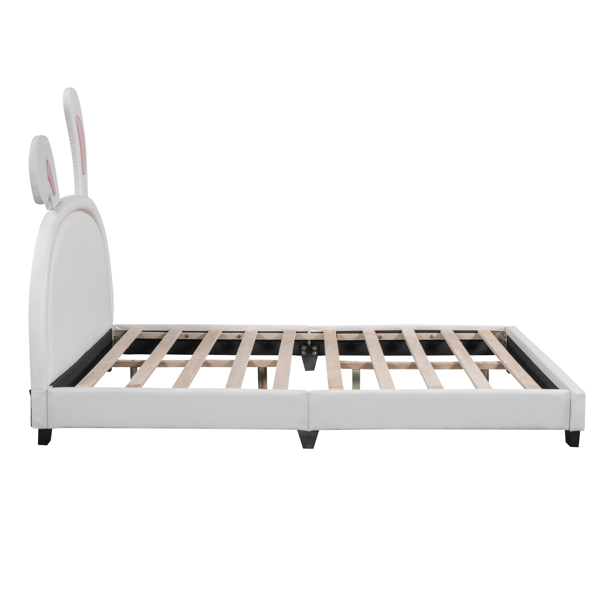 Full Size Upholstered Leather Platform Bed With Rabbit Ornament, White White Pu Leather