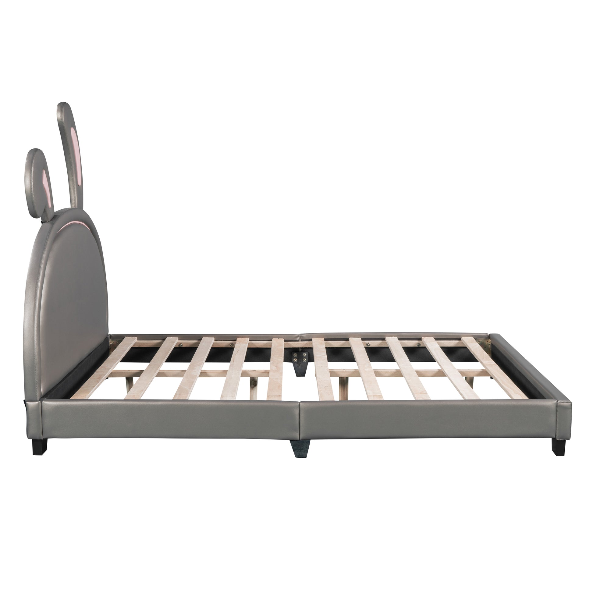 Full Size Upholstered Leather Platform Bed With Rabbit Ornament, Gray Gray Pu Leather