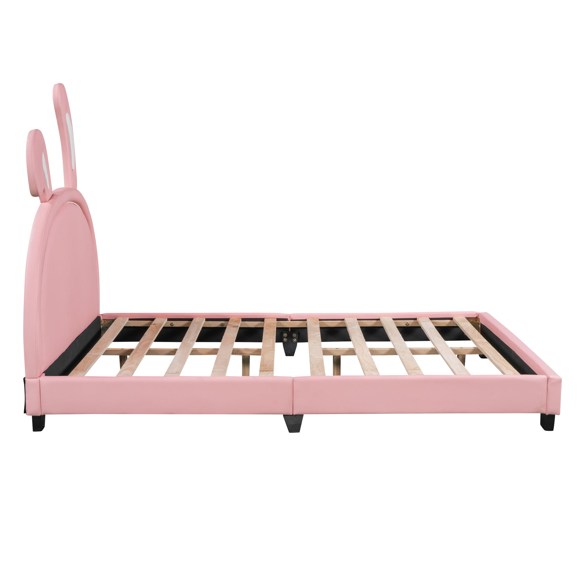 Full Size Upholstered Leather Platform Bed With Rabbit Ornament, Pink Pink Pu Leather