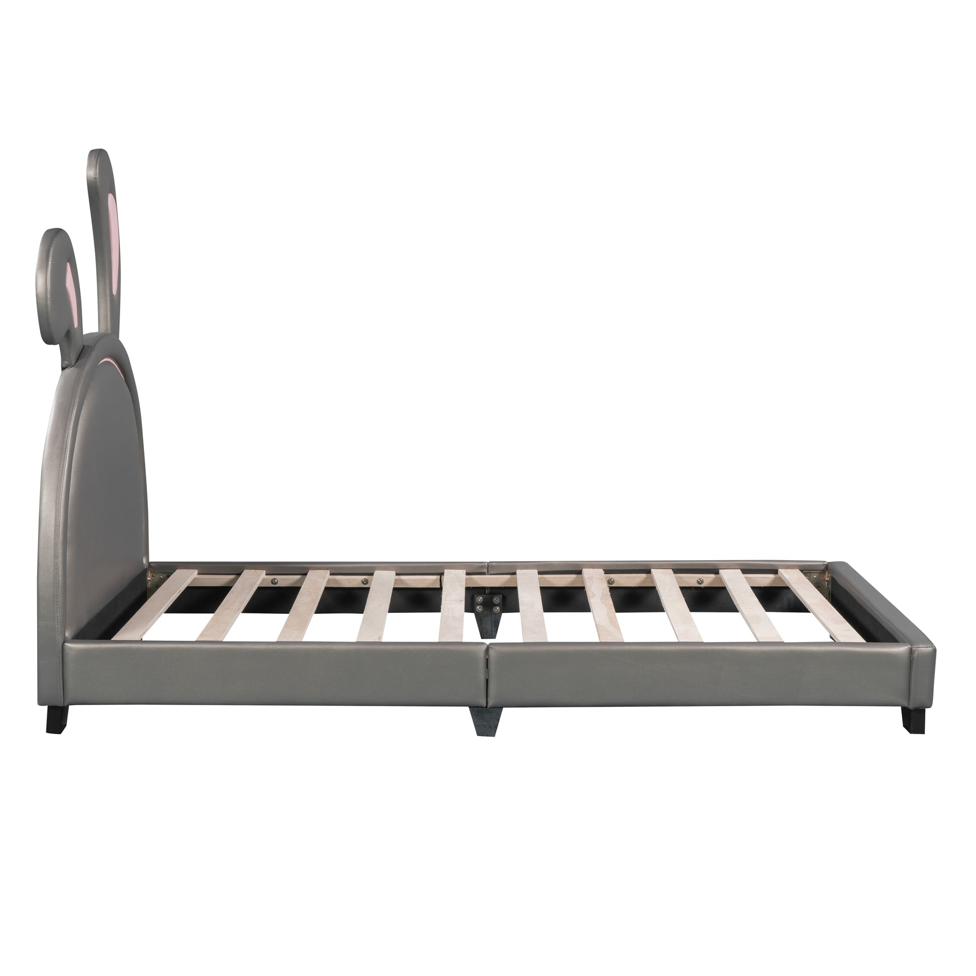 Twin Size Upholstered Leather Platform Bed With Rabbit Ornament, Gray Gray Pu Leather