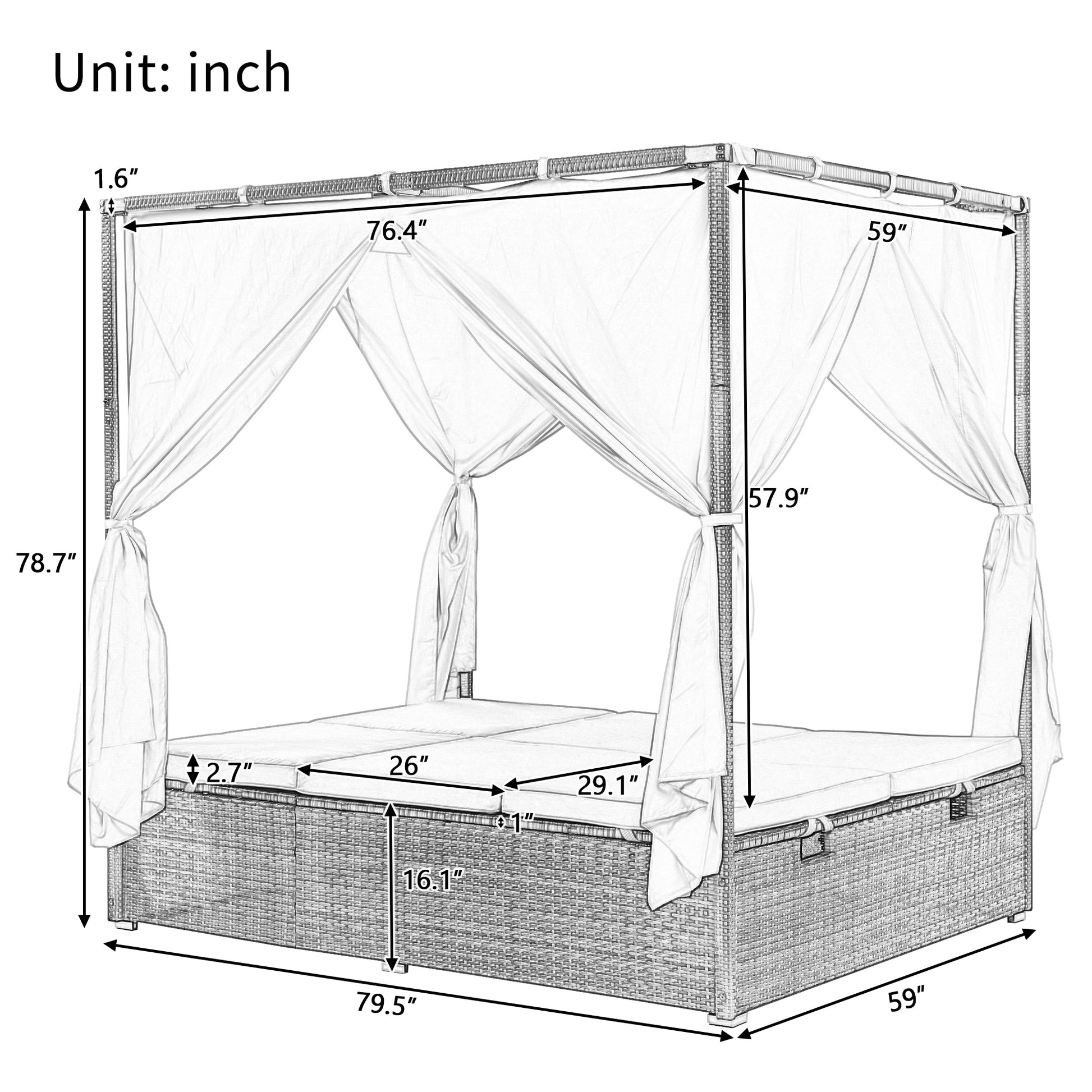 Adjustable Sun Bed With Curtain,High Comfort,With 3 Colors Orange Hdpe