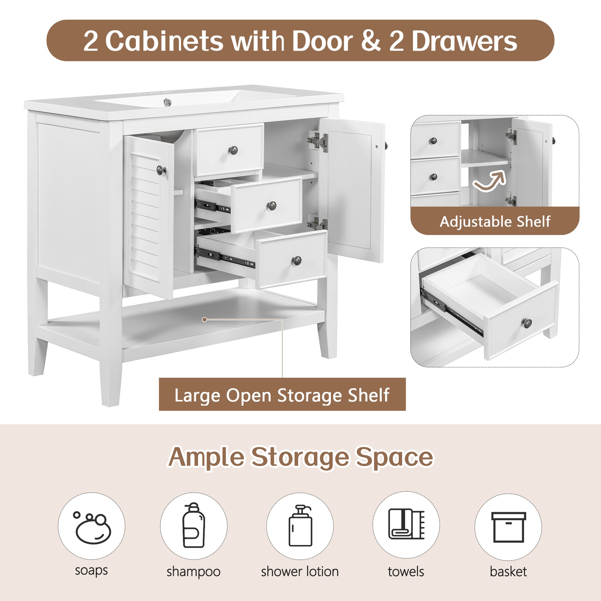 36" Bathroom Vanity Without Sink, Cabinet Base Only, Two Cabinets And Drawers, Open Shelf, Solid Wood Frame, White White Solid Wood Mdf