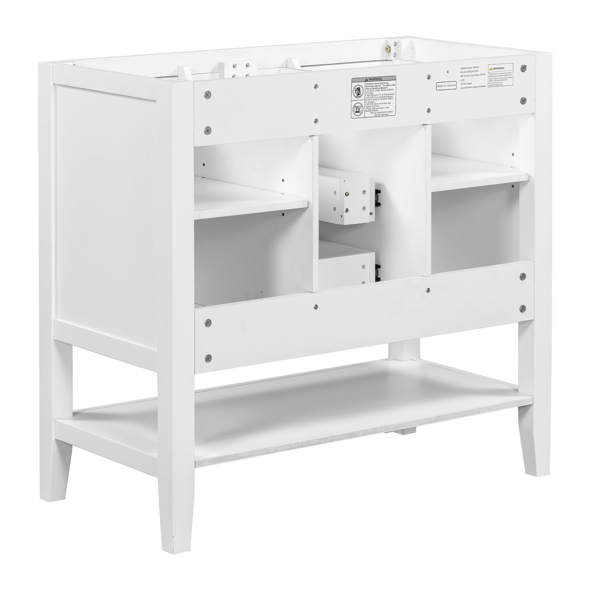 36" Bathroom Vanity Without Sink, Cabinet Base Only, Two Cabinets And Drawers, Open Shelf, Solid Wood Frame, White White Solid Wood Mdf