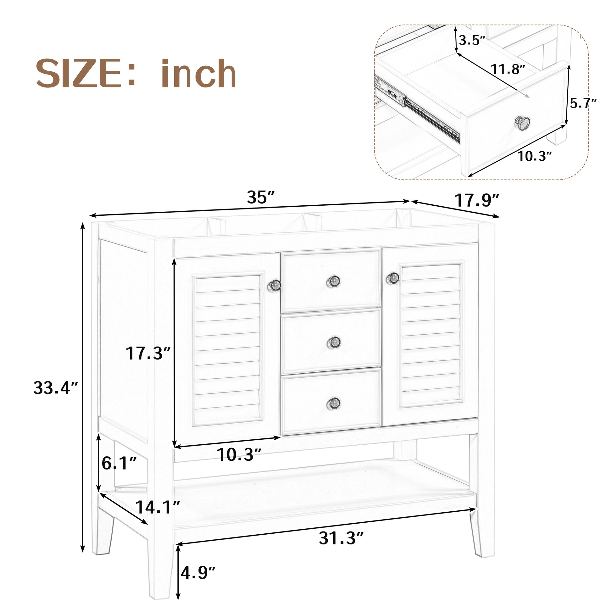 36" Bathroom Vanity Without Sink, Cabinet Base Only, Two Cabinets And Drawers, Open Shelf, Solid Wood Frame, White White Solid Wood Mdf