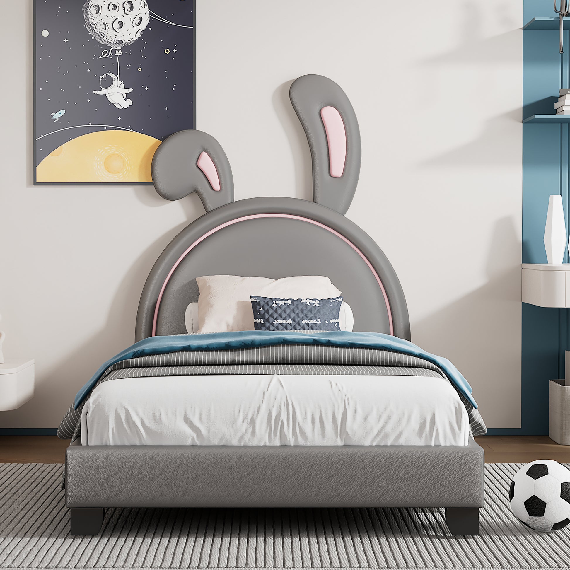 Twin Size Upholstered Leather Platform Bed With Rabbit Ornament, Gray Gray Pu Leather