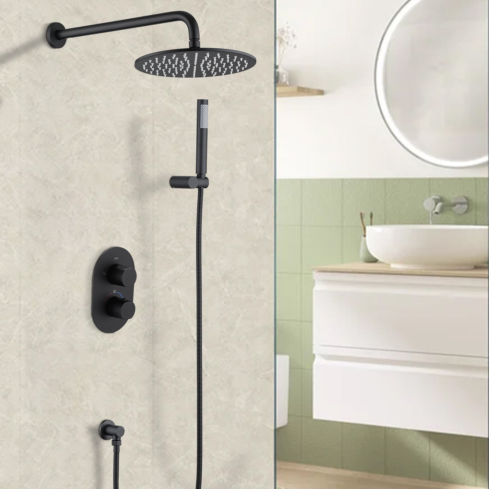 10" Rainfall Shower Head Thermostatic Complete Shower System Matte Black Matte Black Brass